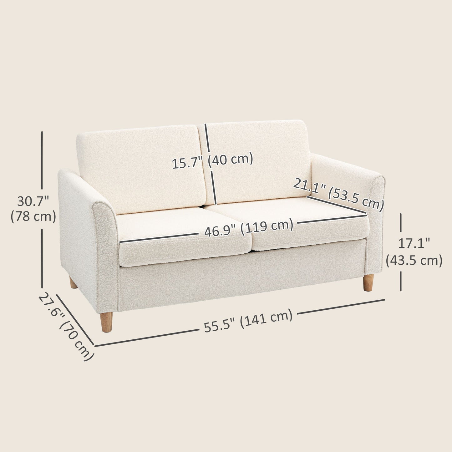 2-Seat Sofa Two-Seater Couch with Armrests and Wood Legs for Living Room, Bedroom, Cream White