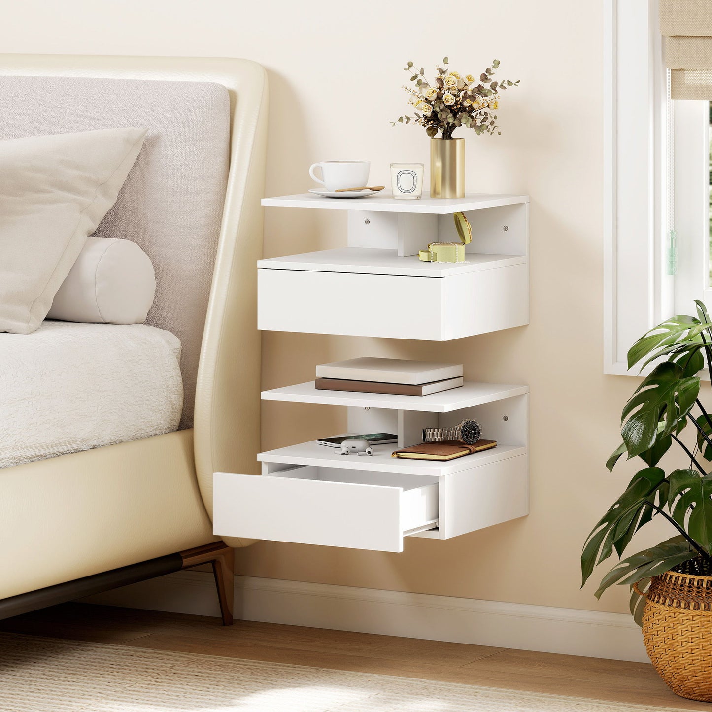 Floating Nightstand Set of 2, Wall Mounted Bedside Table with Drawer and Shelf, Small Night Stand for Bedroom, White