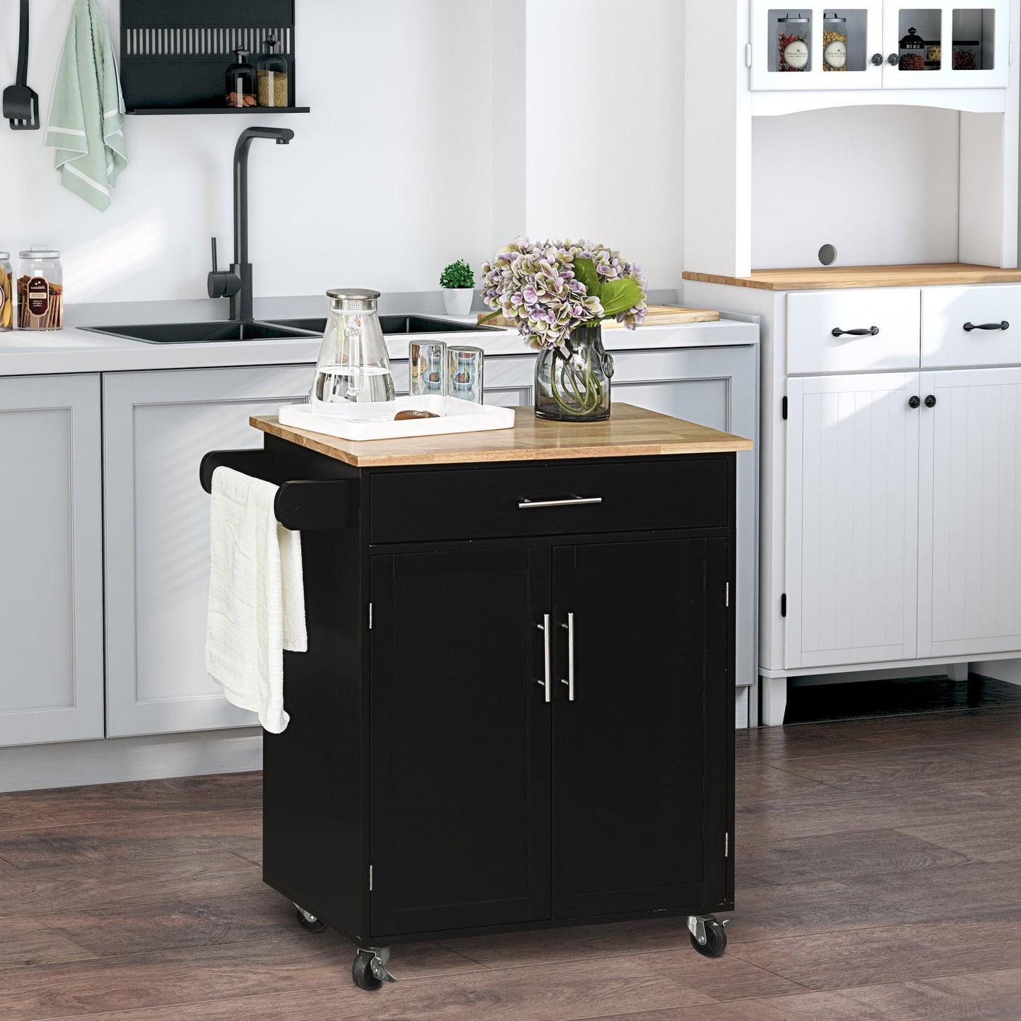 Rolling Kitchen Island Cart with Wood Top - Black