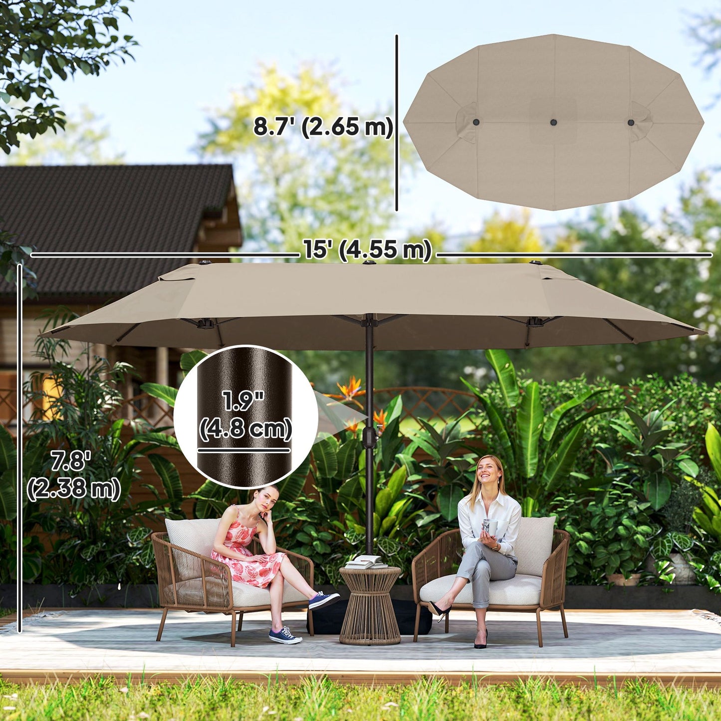 15' Outdoor Patio Umbrella with Twin Canopy Sunshade Steel Table Umbrella w/ Lift Crank, Cross base, Sandbag, Brown