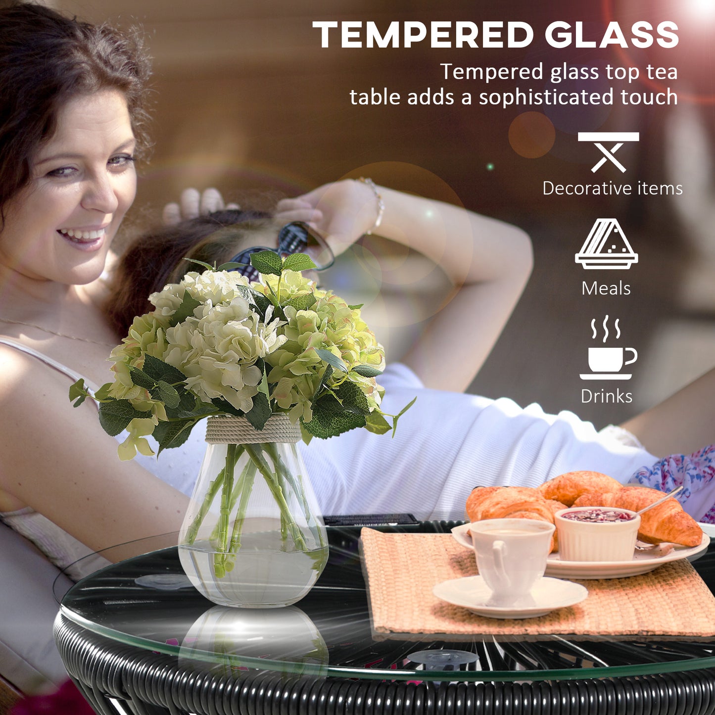 Round End Table, Rattan Side Table, Hollow Drum Design Coffee Table w/ Glass Top for Patio, Garden, Balcony, Dark Grey