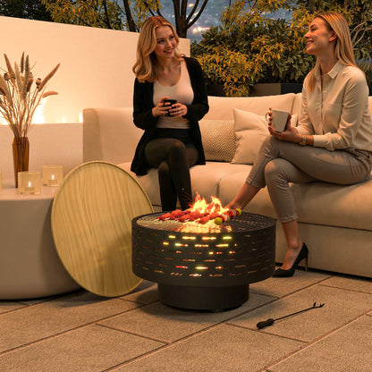 3-in-1 Stainless Steel Fire Pit with Wood-Effect Basket
