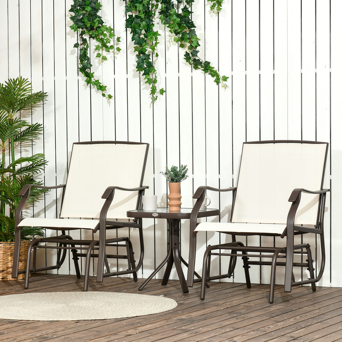 3 Piece Patio Glider Set Outdoor Gliders with Breathable Mesh Seat, Glass Top Table for Garden, Yard, Cream White