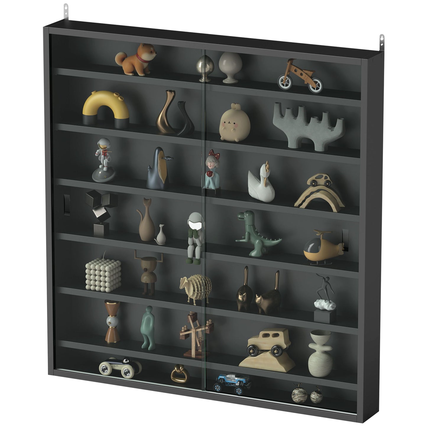 7-Tier Display Cabinet, Shot Glass Display Case, Glass Curio Cabinet with 2 Glass Doors and 6 Adjustable Shelves, Black