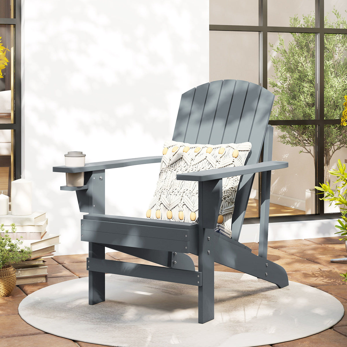 Classic Adirondack Chair, Muskoka Chairs, Garden Deck Chair with Cup Holder for Patio, Indoor, Backyard, Dark Grey