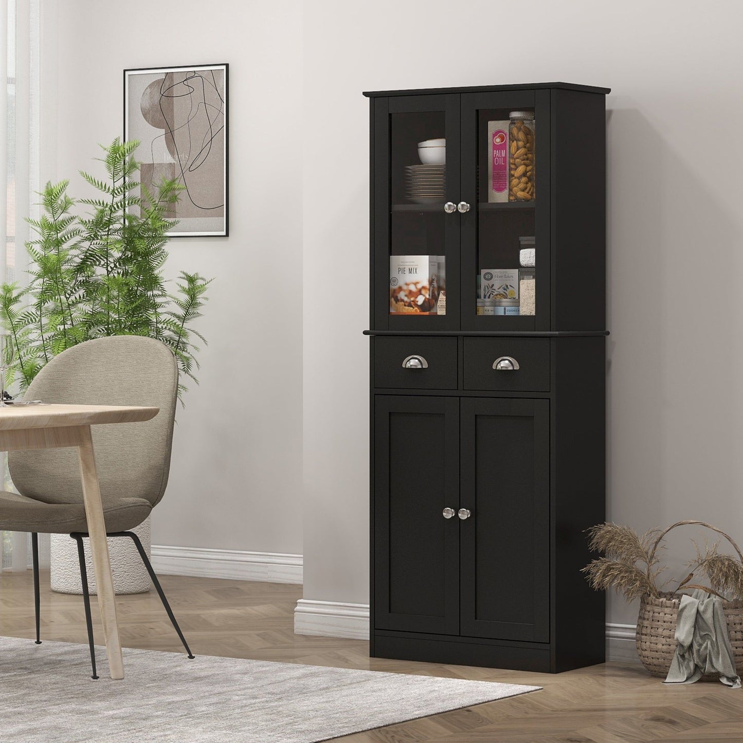 61" Farmhouse Pantry Cabinet with Glass Doors - Black