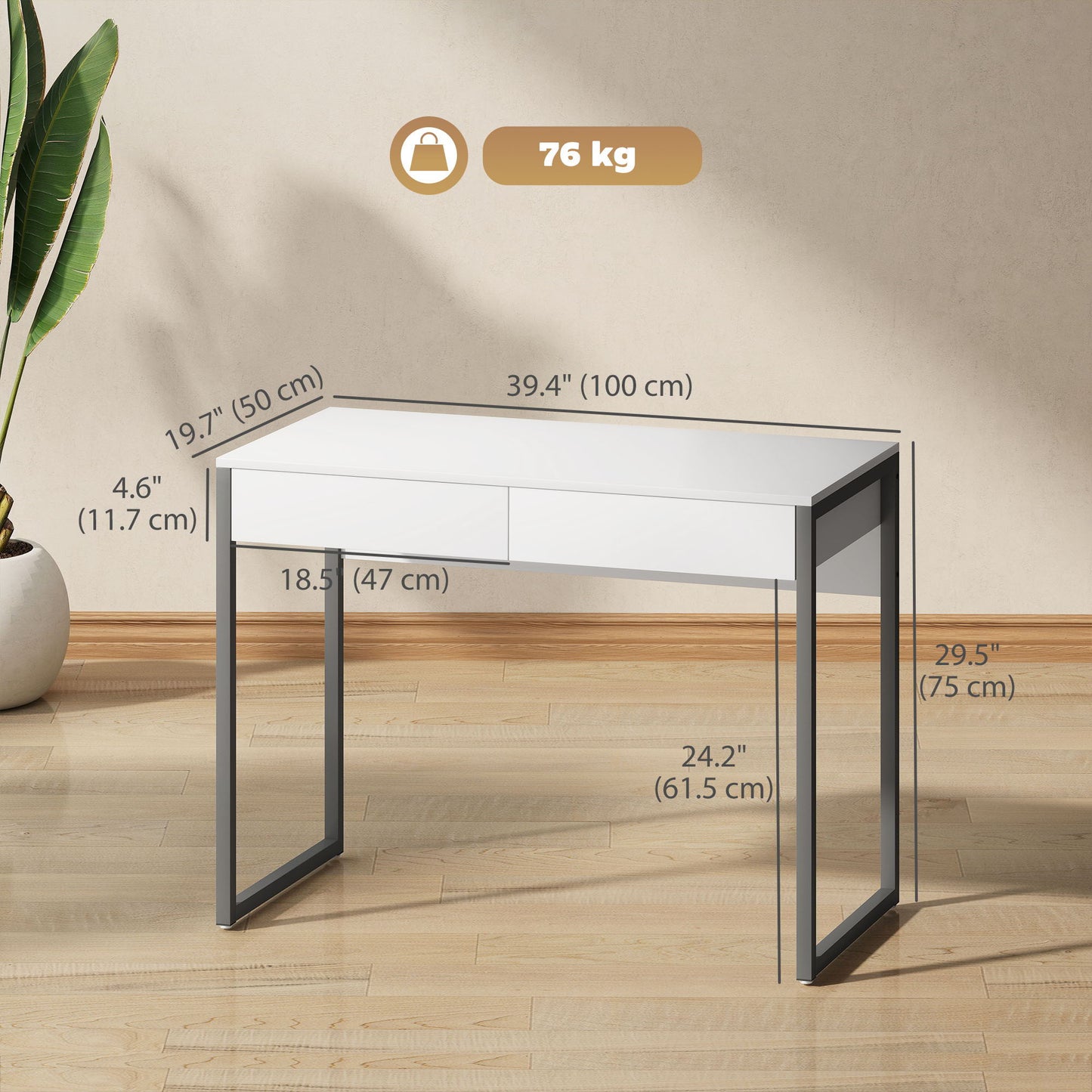 High Gloss Home Office Desk, 39" x 20" Computer Desk with 2 Drawers for Small Spaces, White and Grey