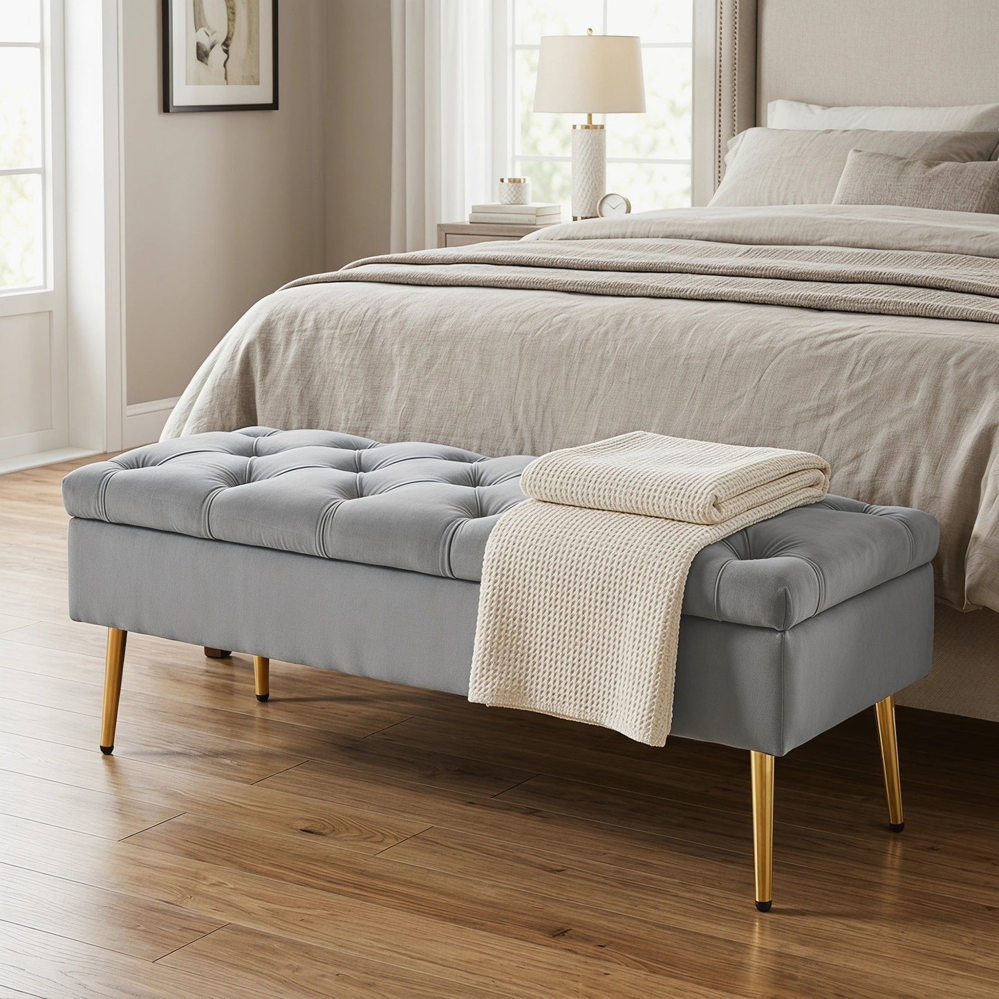 Velvet Tufted Bedroom Bench with Gold Legs - Grey