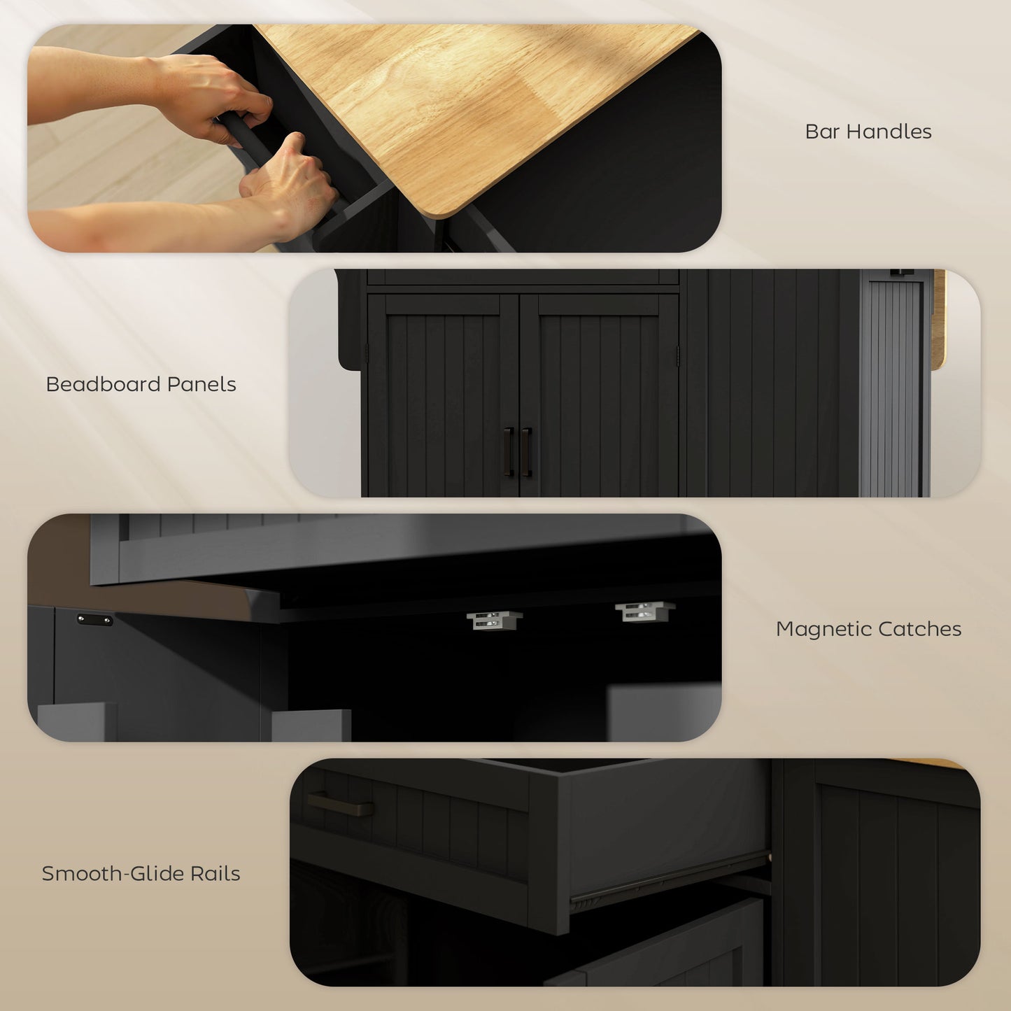 Kitchen Island Cart, Portable Kitchen Island Table with Charging Station, Rubber Wood Drop Leaf, Trash Storage, Black