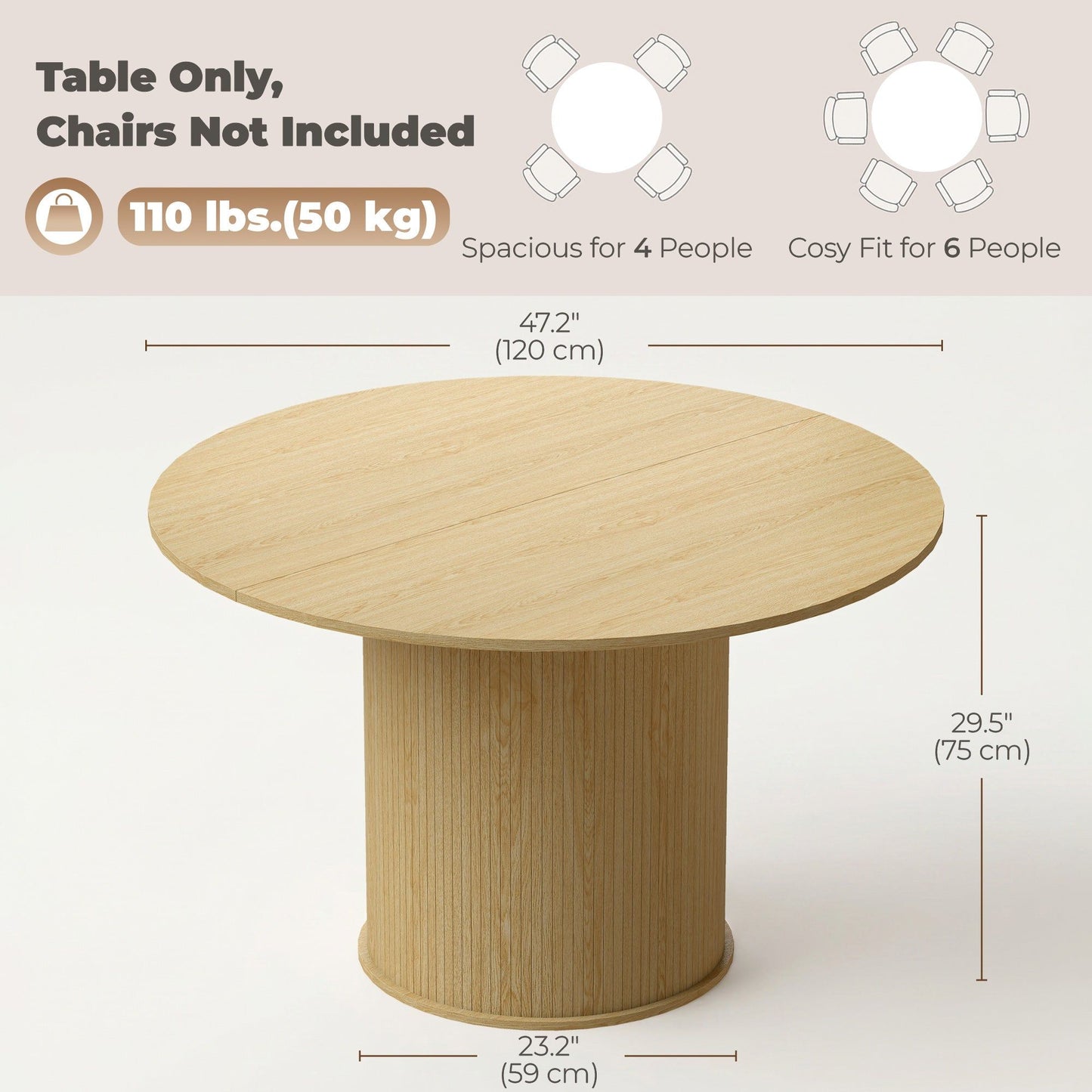47" Round Dining Table with Fluted Pedestal Base - Natural