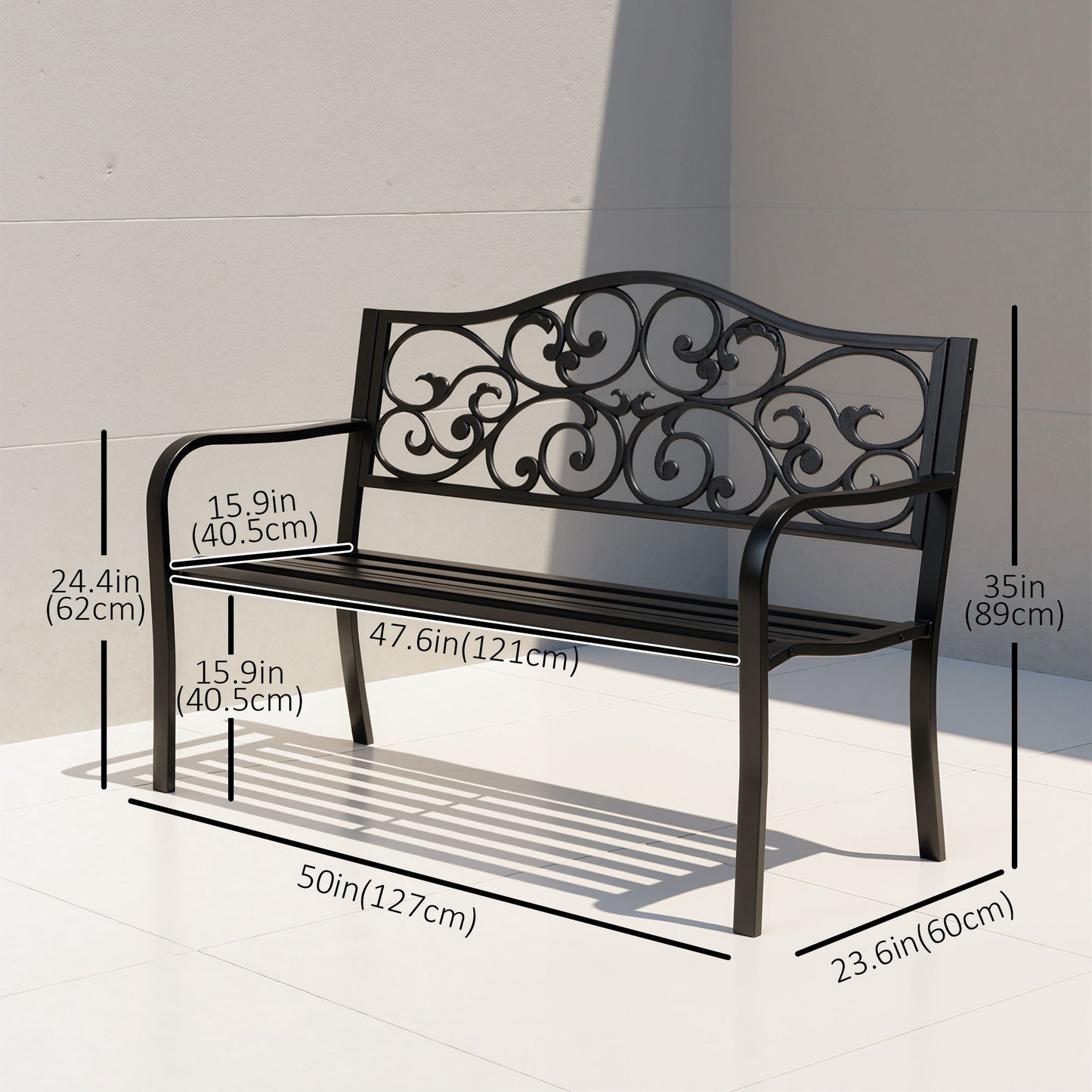 Garden Bench Outdoor Loveseat with Vintage Floral Pattern Cast Metal, 50" x 23.6" x 35", Black