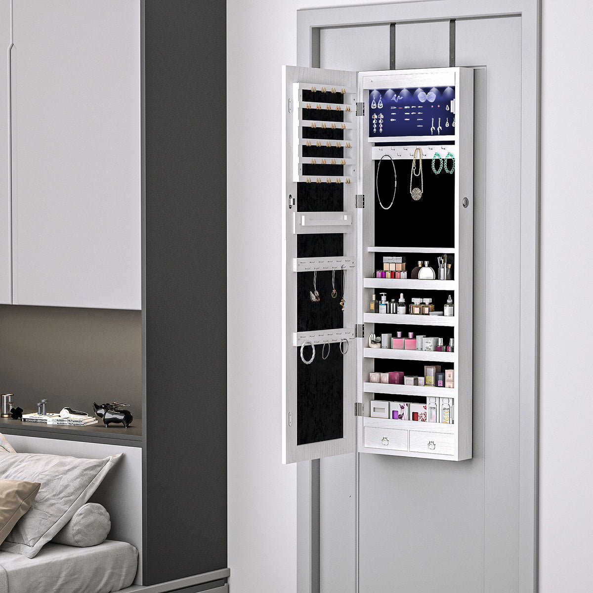 Mirror Jewelry Cabinet Armoire with LED Lights and 2 Keys, Wall Door Mounted Jewelry Organizer, Lockable Full-length Mirror, Wood Grain Grey