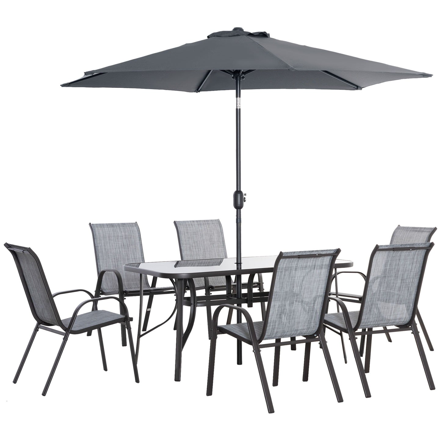 8 Pieces Patio Dining Set with Umbrella, 6 Chairs and Table, Grey