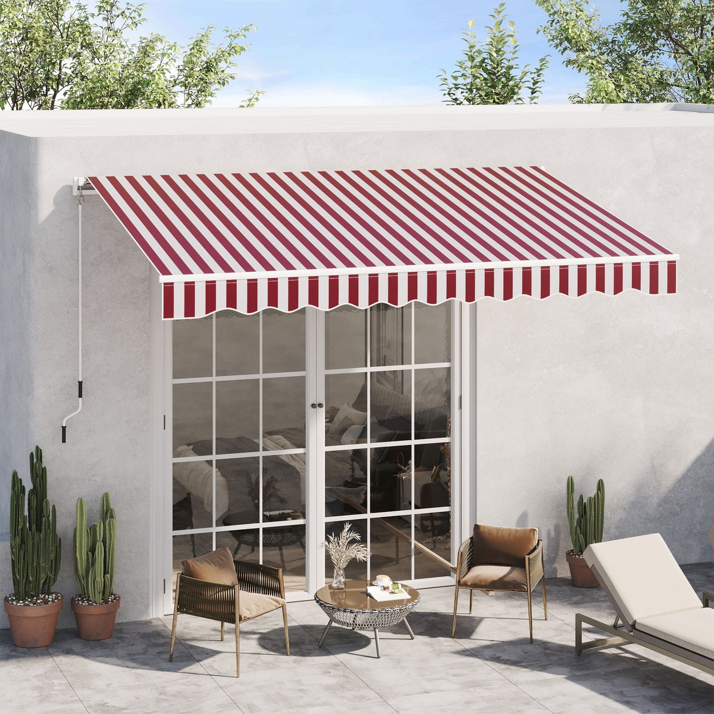 10' x 8' Manual Retractable Awning, Sun Shade Shelter Canopy, with Aluminum Frame and UV Protection for Patio Deck Yard Window Door, Wine Red and White Stripe