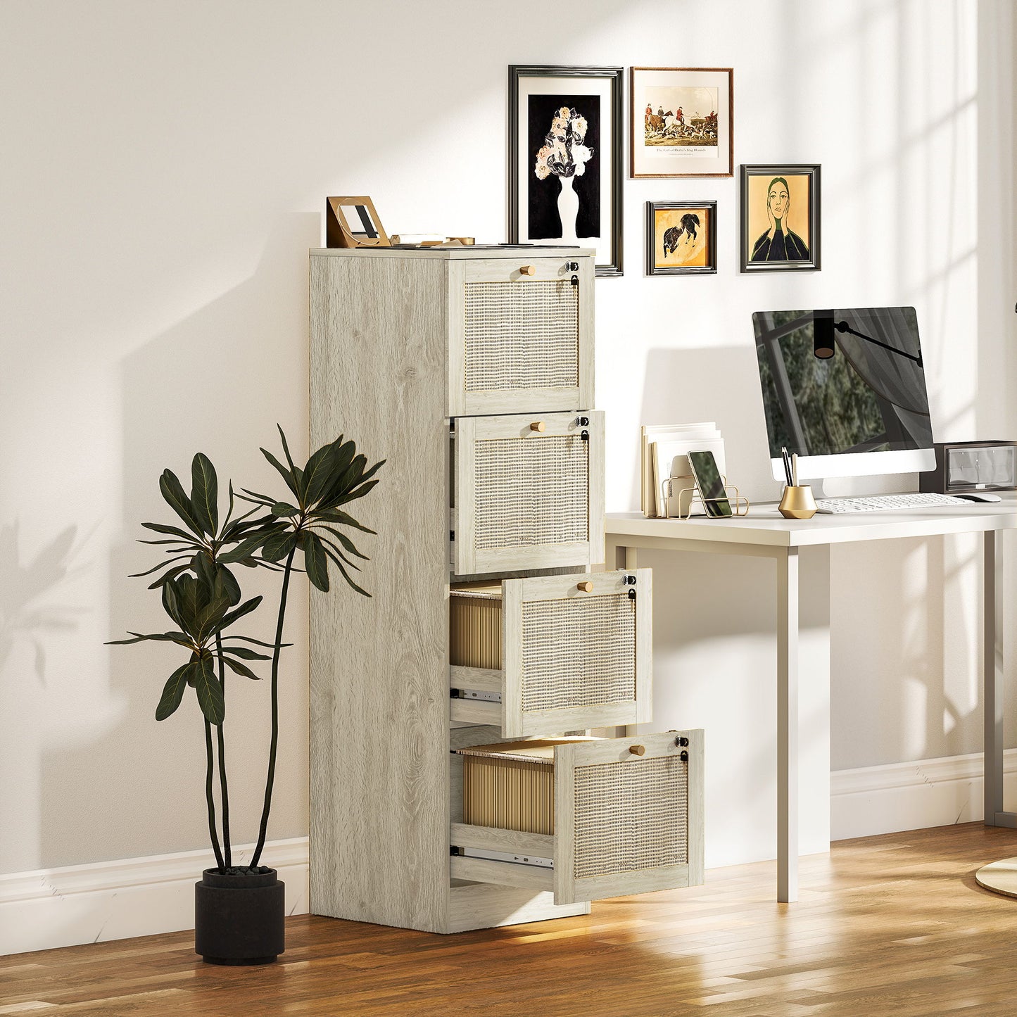 4 Drawer Filing Cabinet with Lock, Boho File Cabinet for A4 Letter Size Files with Decorative Rattan Accents, Oak