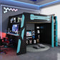 Full Size Wood Loft Bed with Integrated Desk and RGB Lighting, Esports-Style Bed with Multi-Tier Shelves, 93.5'' L x 55.5'' W x 65'' H, Blue