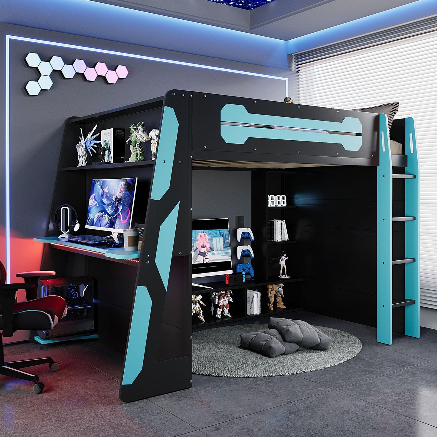 Full Size Wood Loft Bed with Integrated Desk and RGB Lighting, Esports-Style Bed with Multi-Tier Shelves, 93.5'' L x 55.5'' W x 65'' H, Blue