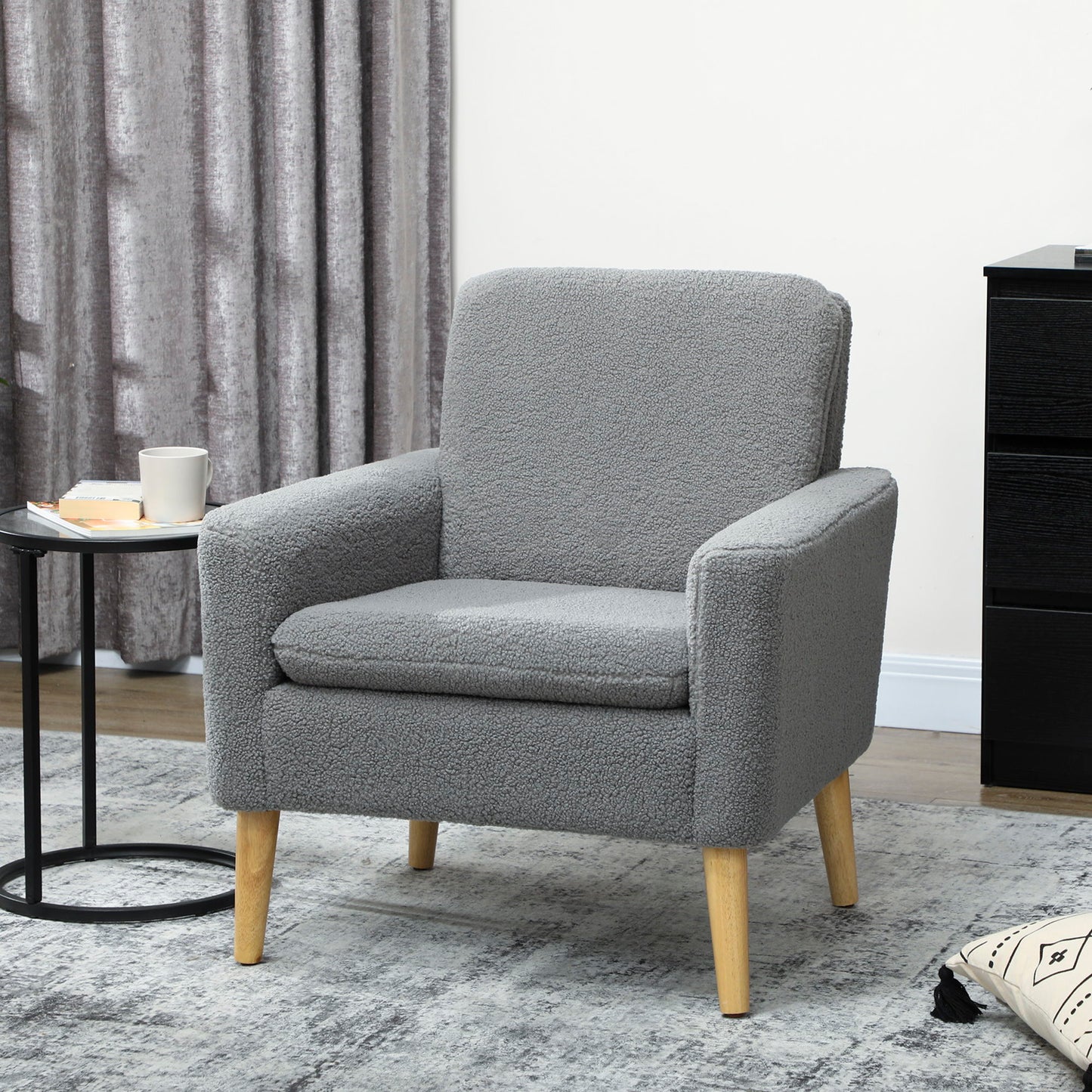 Fabric Accent Chair, Modern Upholstered Armchair with Wood Legs and Wide Padded Seat, Grey