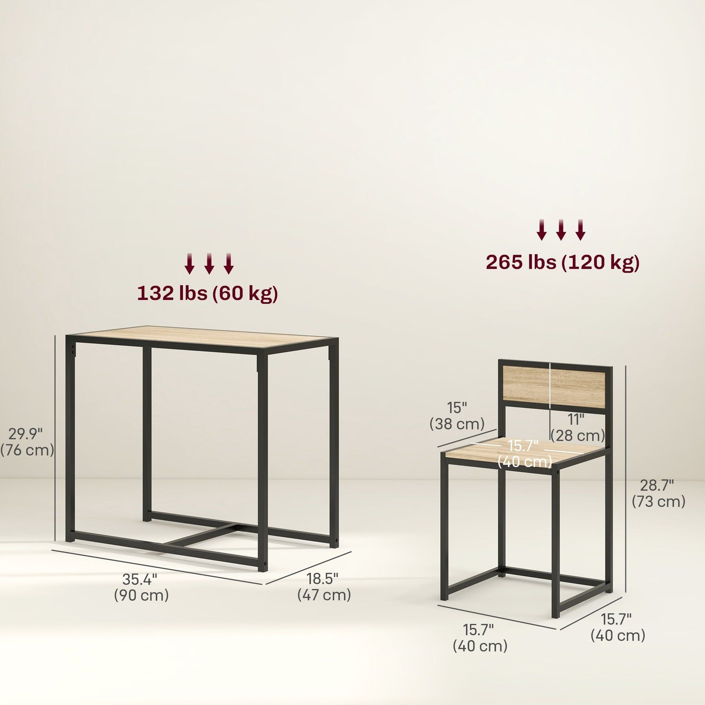 3-Piece Industrial Dining Table Set for 2 - Oak