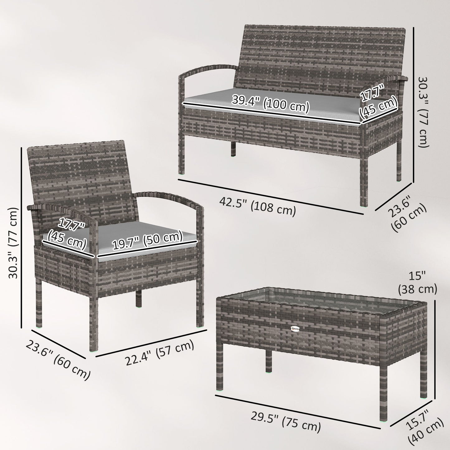 4 Pieces Patio Furniture Set with A Loveseat, Two Armchairs and A Coffee Table, Outdoor Conversation Set, Light Grey