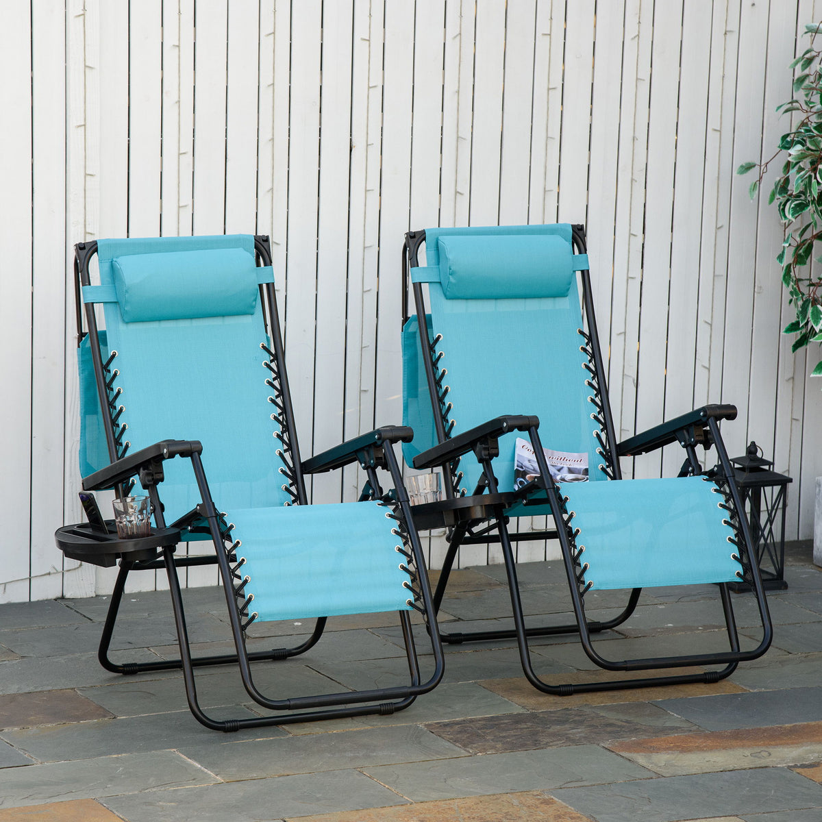 2 Piece Foldable Lounge Chair with Canopy Shade, Outdoor Zero Gravity Chair w/ Side Tray & Cup Holder, Reclining Lounger w/ Breathable Mesh Fabric Seat, Pillow, Sky Blue