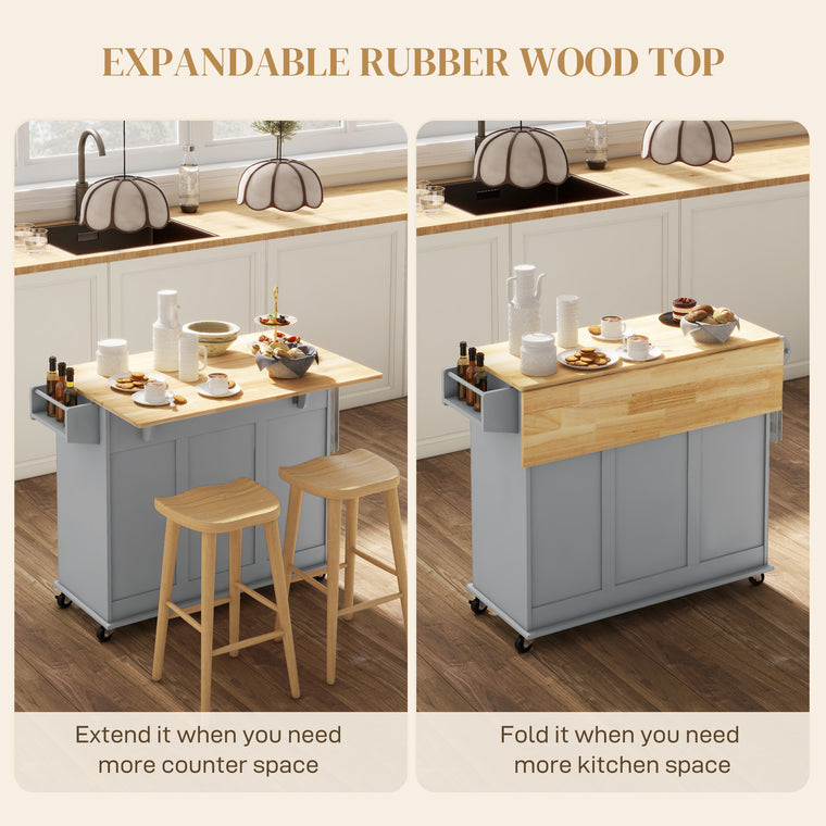 Rolling Kitchen Cart with Drop Leaf and Drawers - Grey