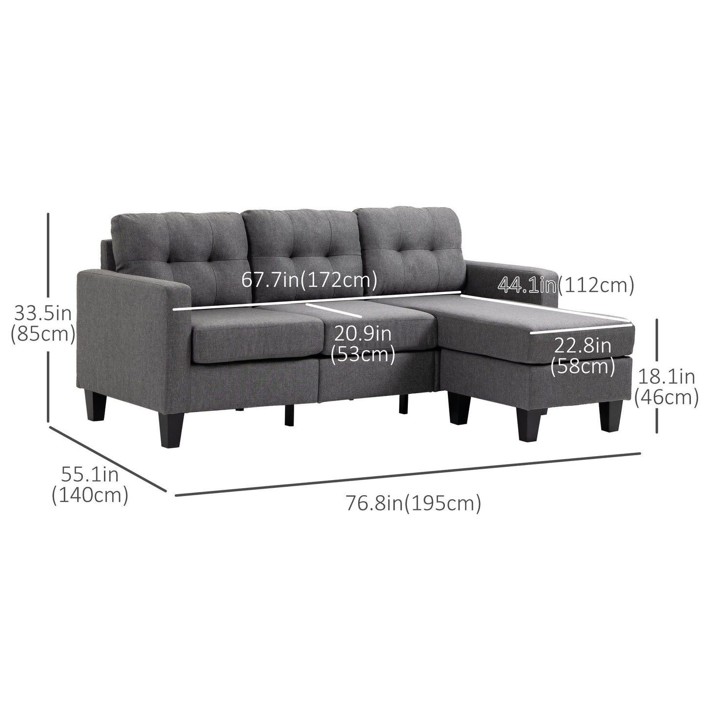 L-Shaped Sectional Sofa with Ottoman - Dark Grey