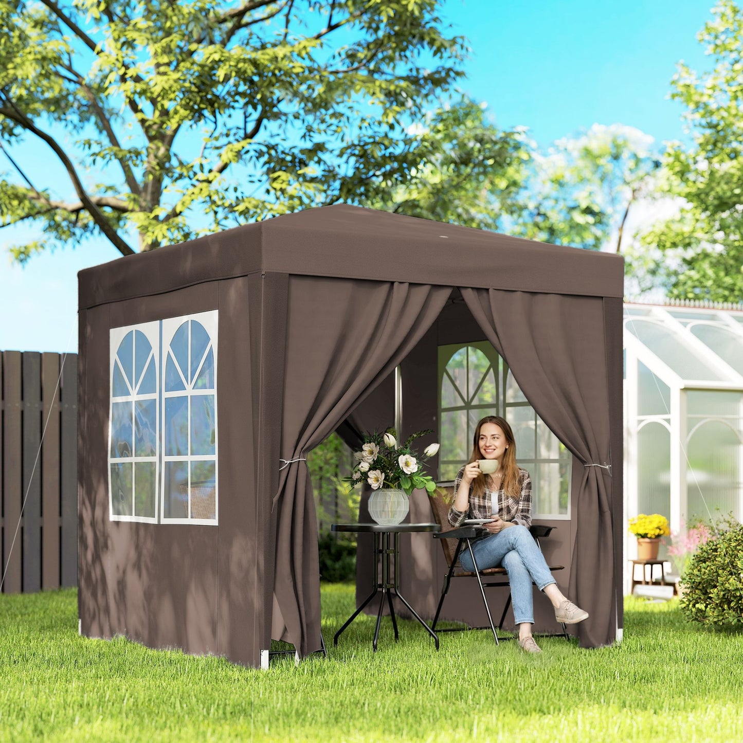 6.6'x6.6' Pop Up Canopy Tent with Sidewalls, Instant Sun Shelter Camping Gazebo with Carry Bag, Coffee