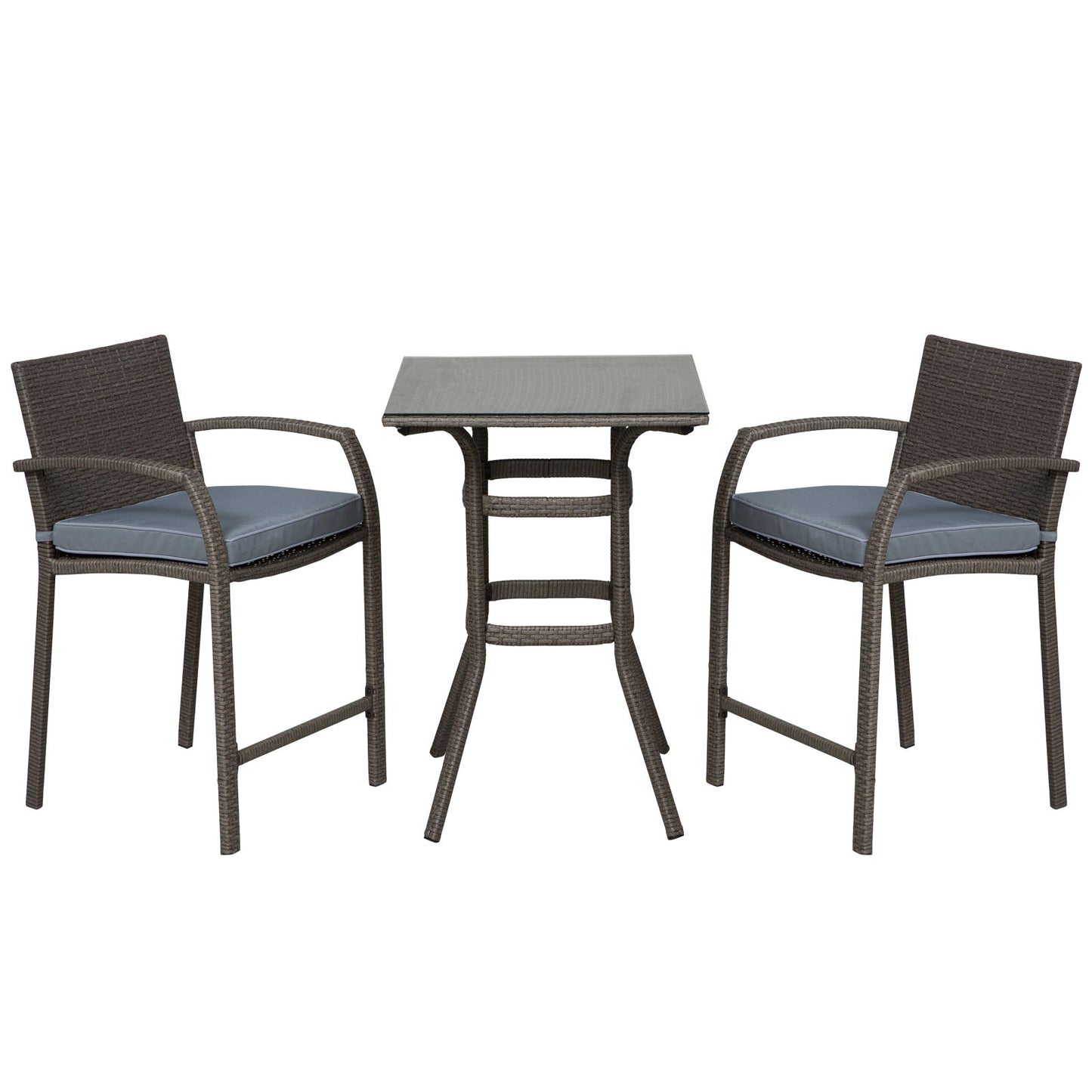 3 Pieces Patio Bar Set Wicker Garden Bistro Set Outdoor Furniture PE Rattan Table and Stools with Seat Cushion, Grey