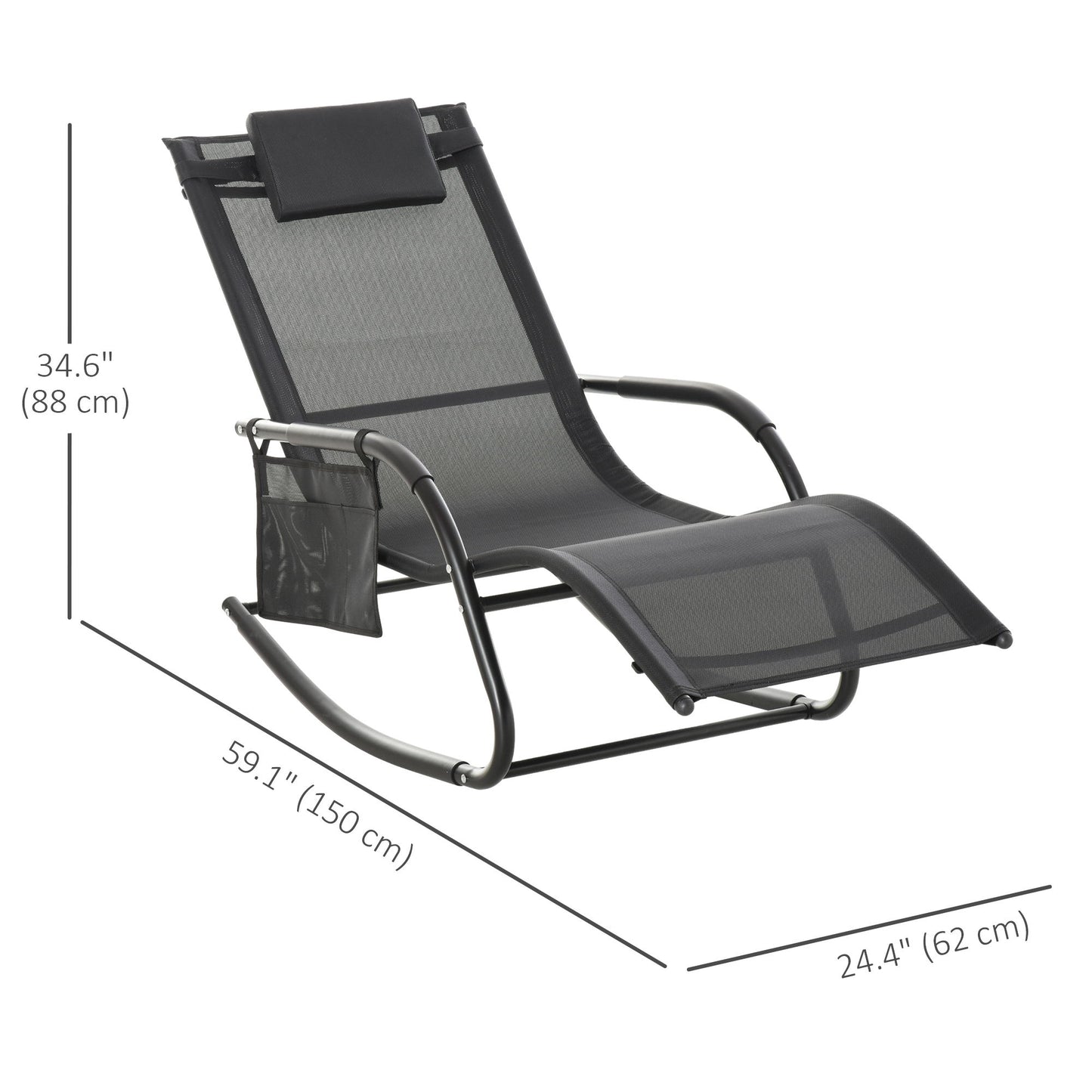 Patio Rocking Chair with Mesh Fabric, Outdoor Rocking Sling Sun Lounger with Removable Headrest and Side Pocket for Garden, Deck, Lawn, Black