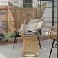Round End Table, Rattan Side Table, Hollow Drum Design Coffee Table w/ Glass Tabletop for Patio, Garden, Balcony, Beige