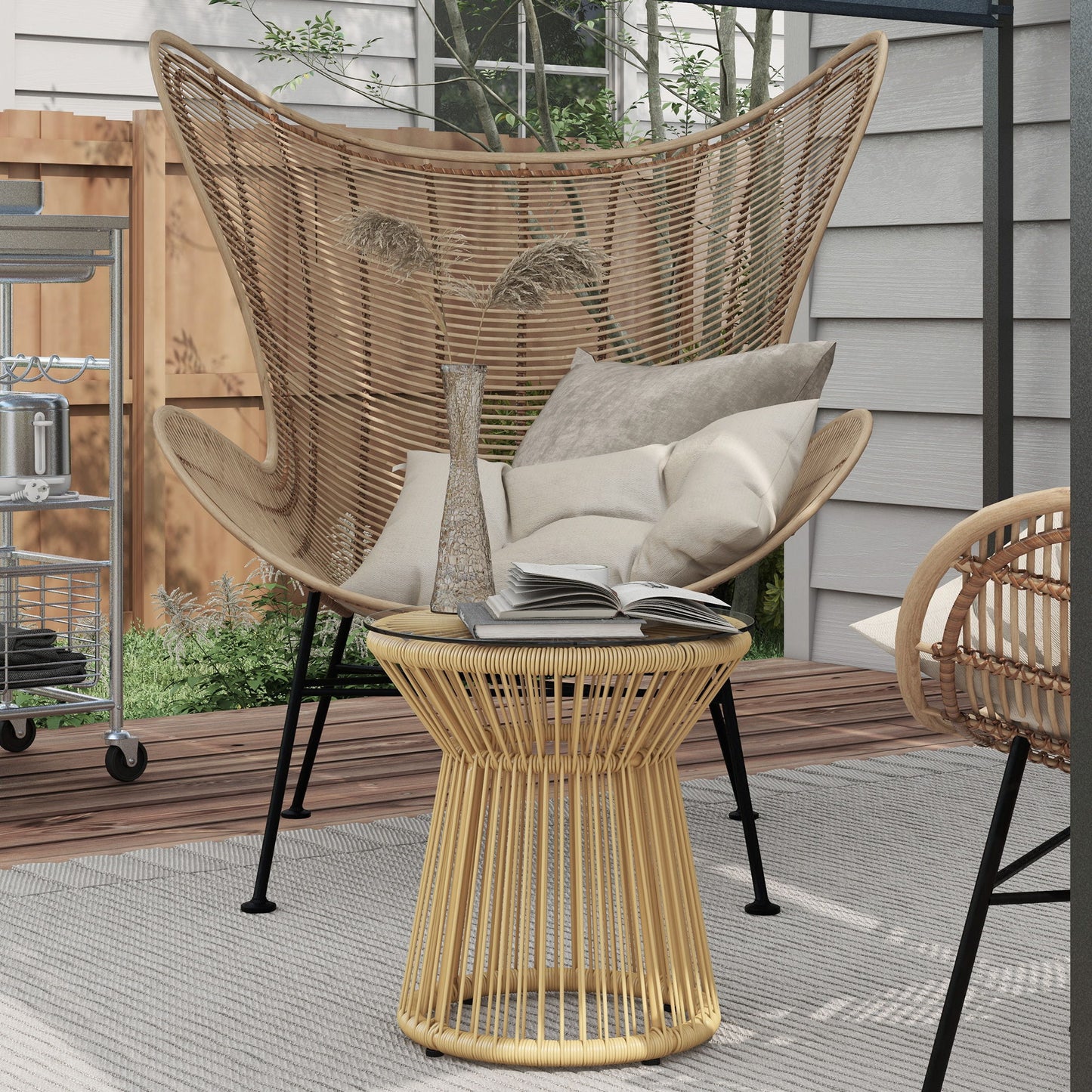 Round End Table, Rattan Side Table, Hollow Drum Design Coffee Table w/ Glass Tabletop for Patio, Garden, Balcony, Beige