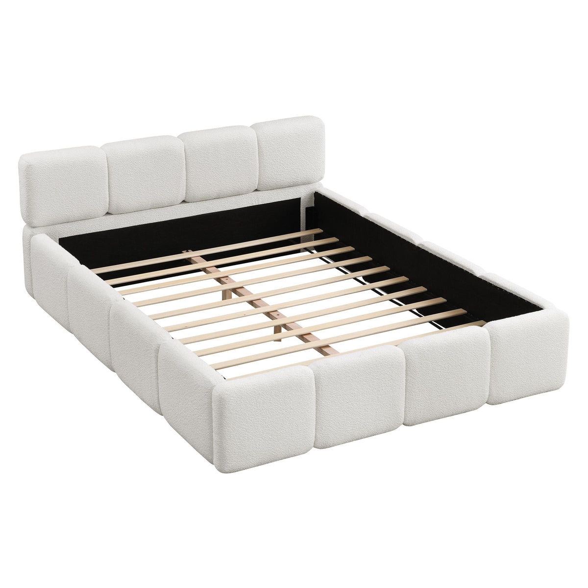 Queen Size Platform Bed with Padded Headboard, Embedded Mattress Retainer, Solid Bedboard with Wood Frame, 88.5'' L x 67'' W x 11.5'' H, White