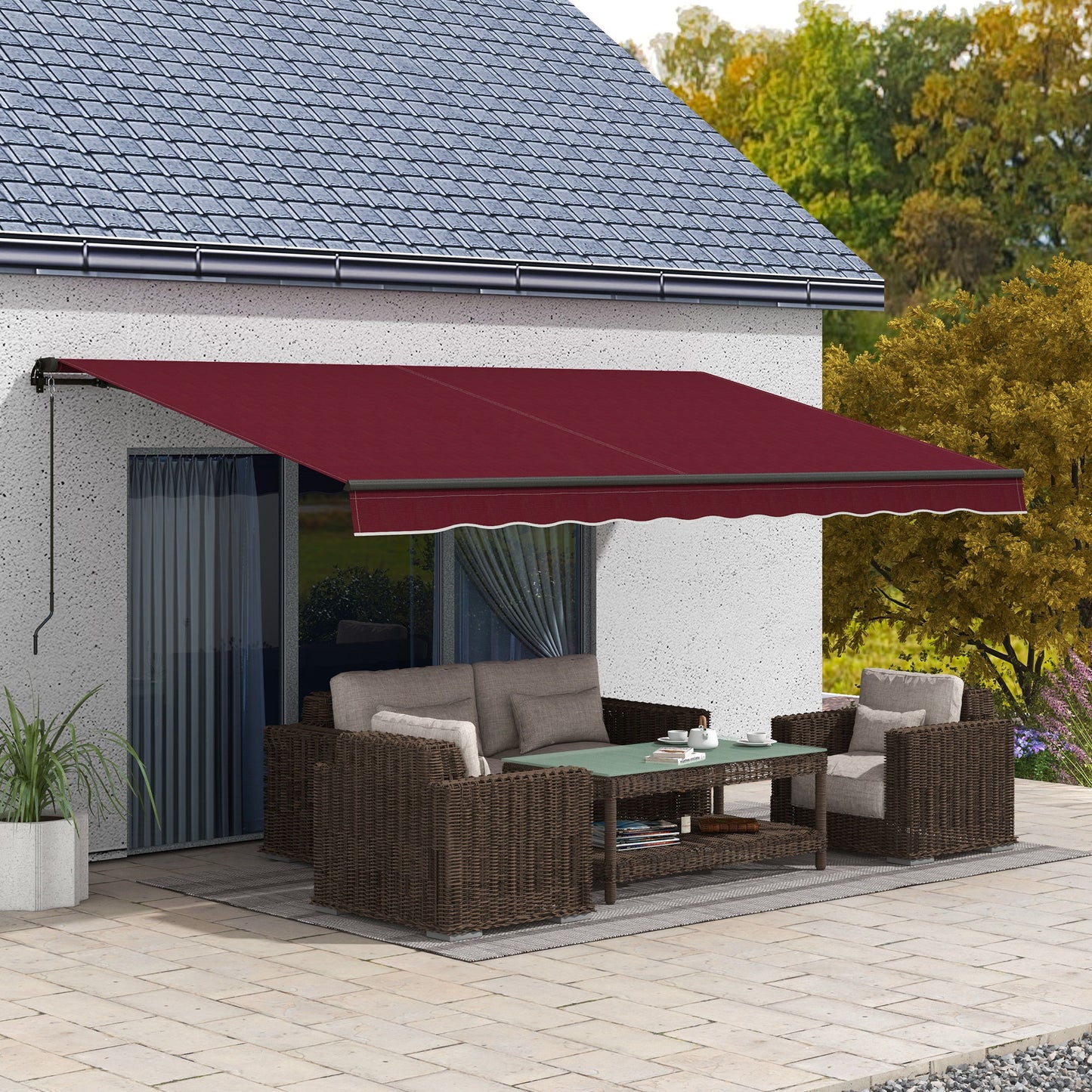 15 x 10 ft Retractable Awning with 280gsm UV-Resistant Fabric, Heavy-Duty Frame Sun Shade Shelter for Deck, Balcony, Yard and Outdoor Living Space, Wine Red