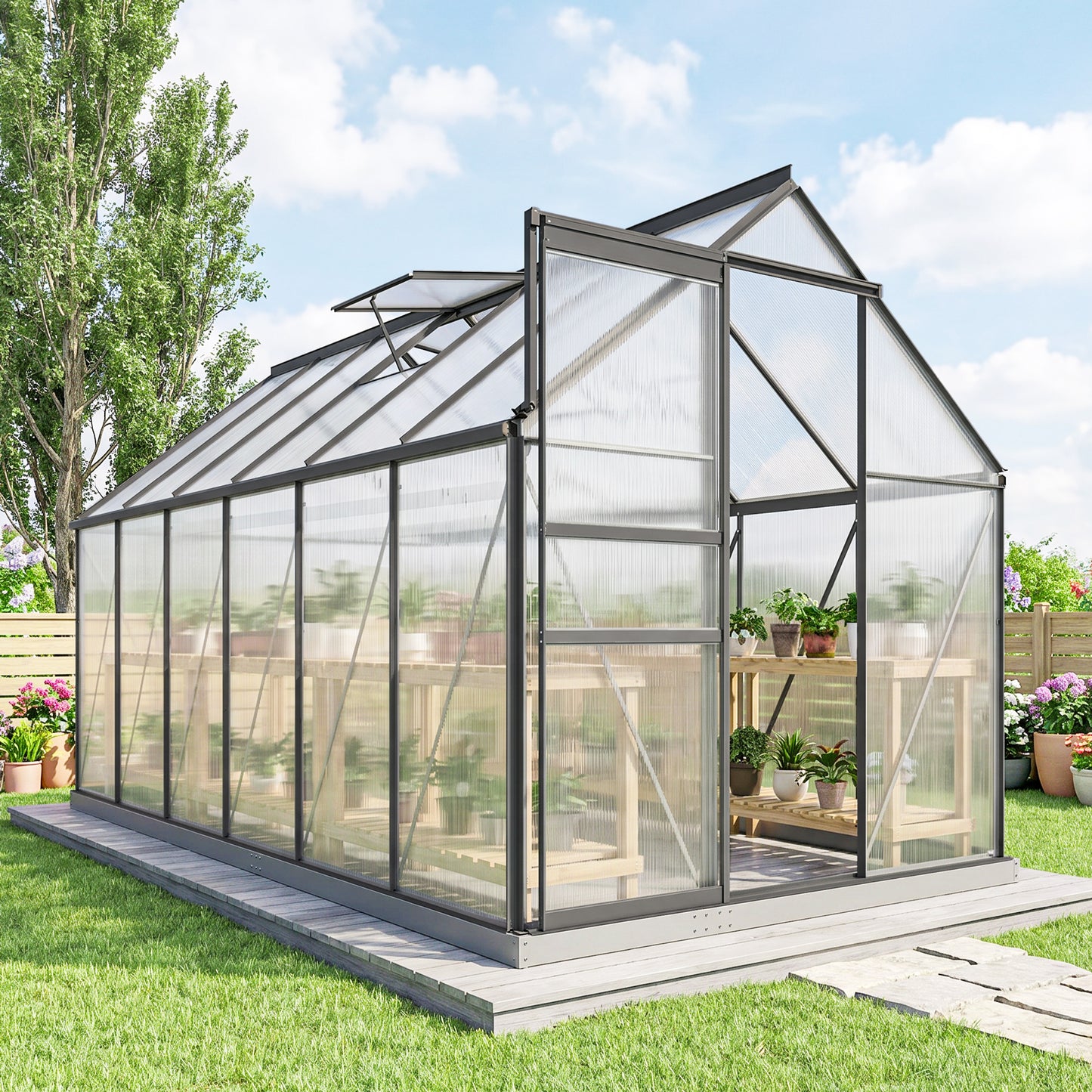 6' x 12' x 6.5' Polycarbonate Greenhouse, Walk-in Green House with Adjustable Roof Vent Galvanized Base Sliding Door Rain Gutter for Outdoor Garden Backyard, Charcoal Grey