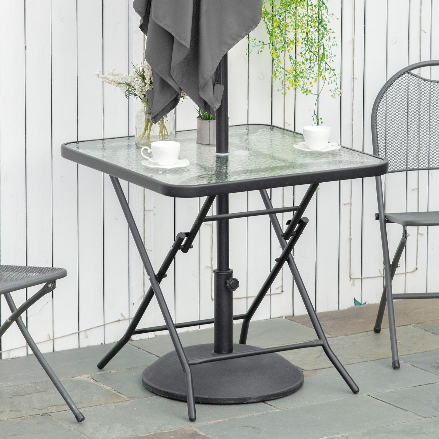 30" Square Outdoor Dining Table, Foldable Patio Table with Umbrella Hole, Water-Grain Glass Top Coffee Table for Balcony, Poolside, Black