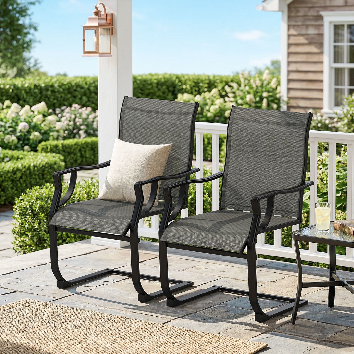 C Spring Motion Patio Chairs Set of 2 with Curved High Backrest, Armrest, All Weather Breathable Fabric, Metal Frame