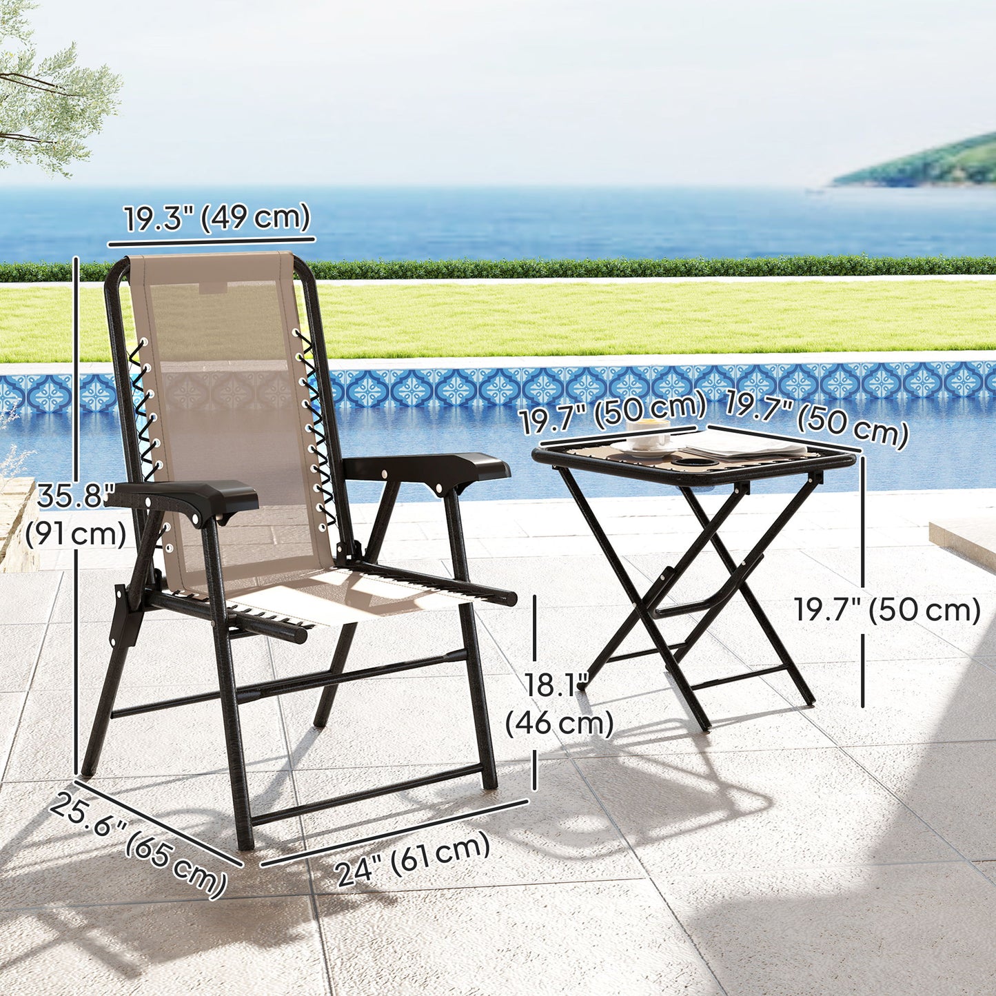 3 Pieces Patio Bistro Set, Outdoor Folding Table and Chairs Set, Metal Patio Furniture Set with Cup Holders, Khaki