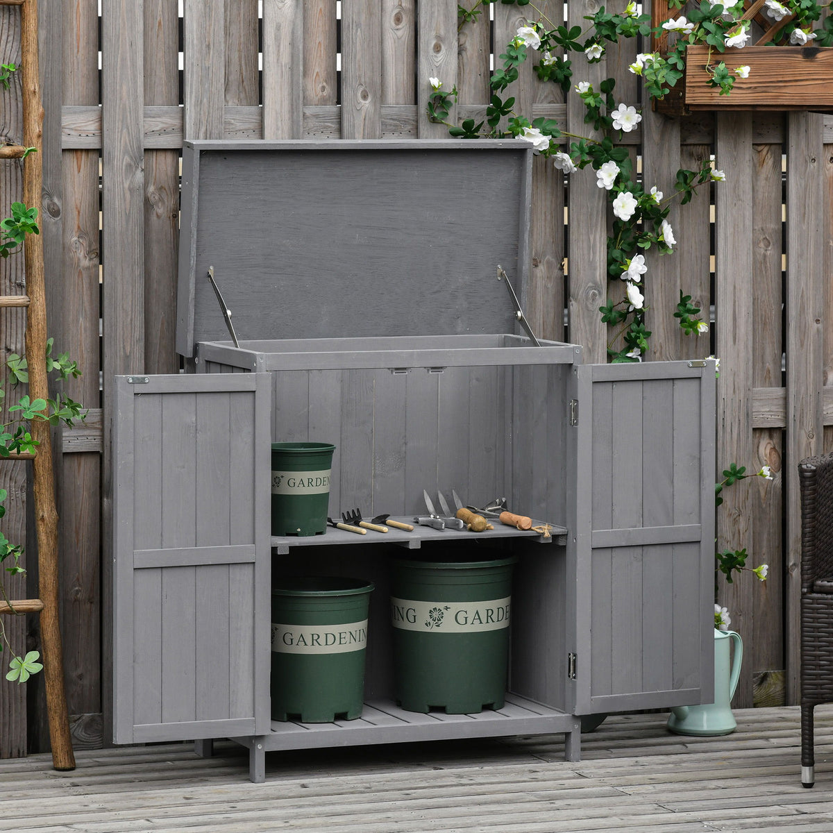 Wooden Garden Tool Storage Shed Kit with Hinged Roof, 2-Tier Shelves and Double Doors, 74x43x88cm, Dark Grey