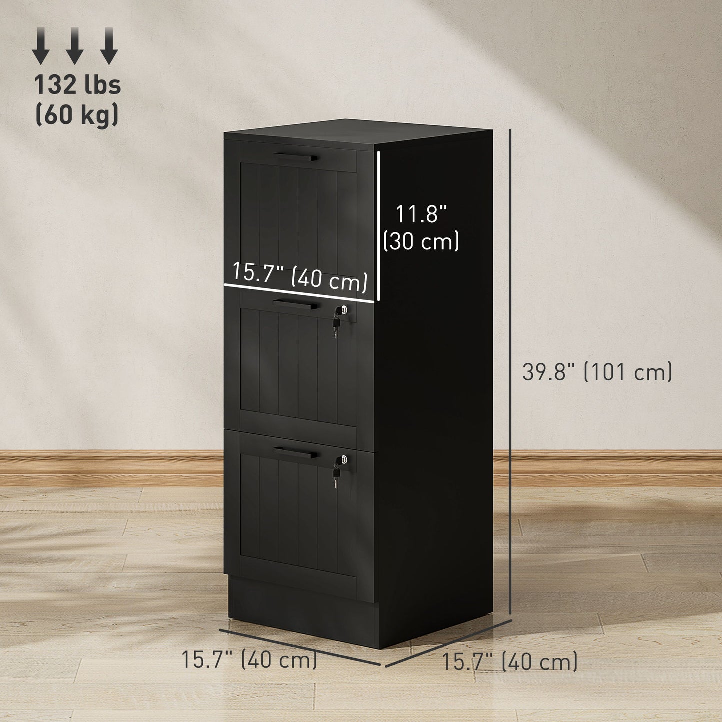 3 Drawer Filing Cabinet with Lock, Office Storage Cabinet with Adjustable Hanging Bars for A4 Letter Size Files, Black