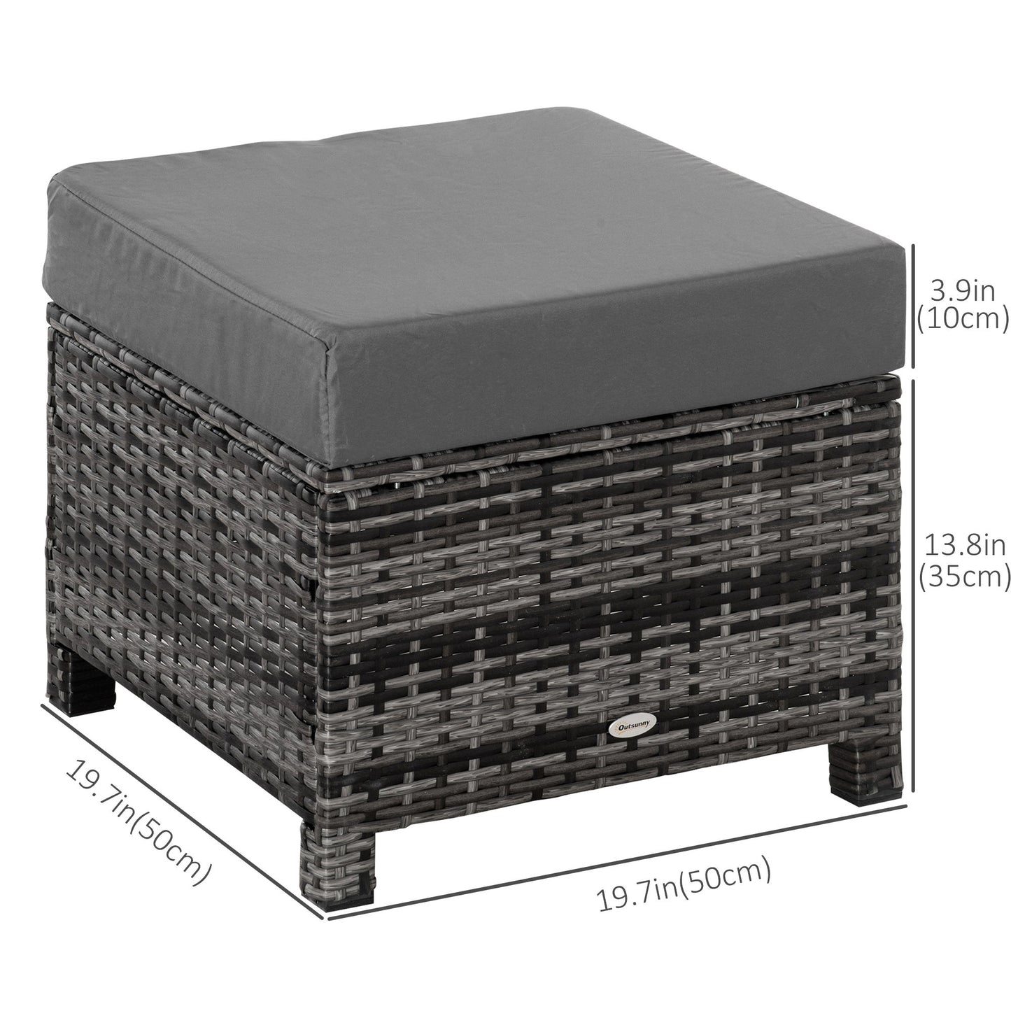 Patio Rattan Ottoman, Outdoor Wicker Footrest with Soft Cushion, Metal Frame for Backyard, Garden, and Poolside, Grey