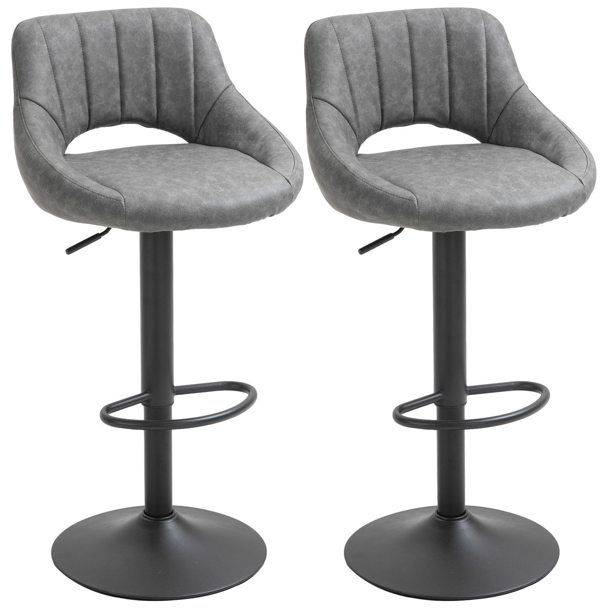 Bar Stools Set of 2, Swivel Counter Height Barstools with Adjustable Height and Cutout Back, Faux Leather Upholstered Bar Chairs with Round Metal Base and Footrest, Grey