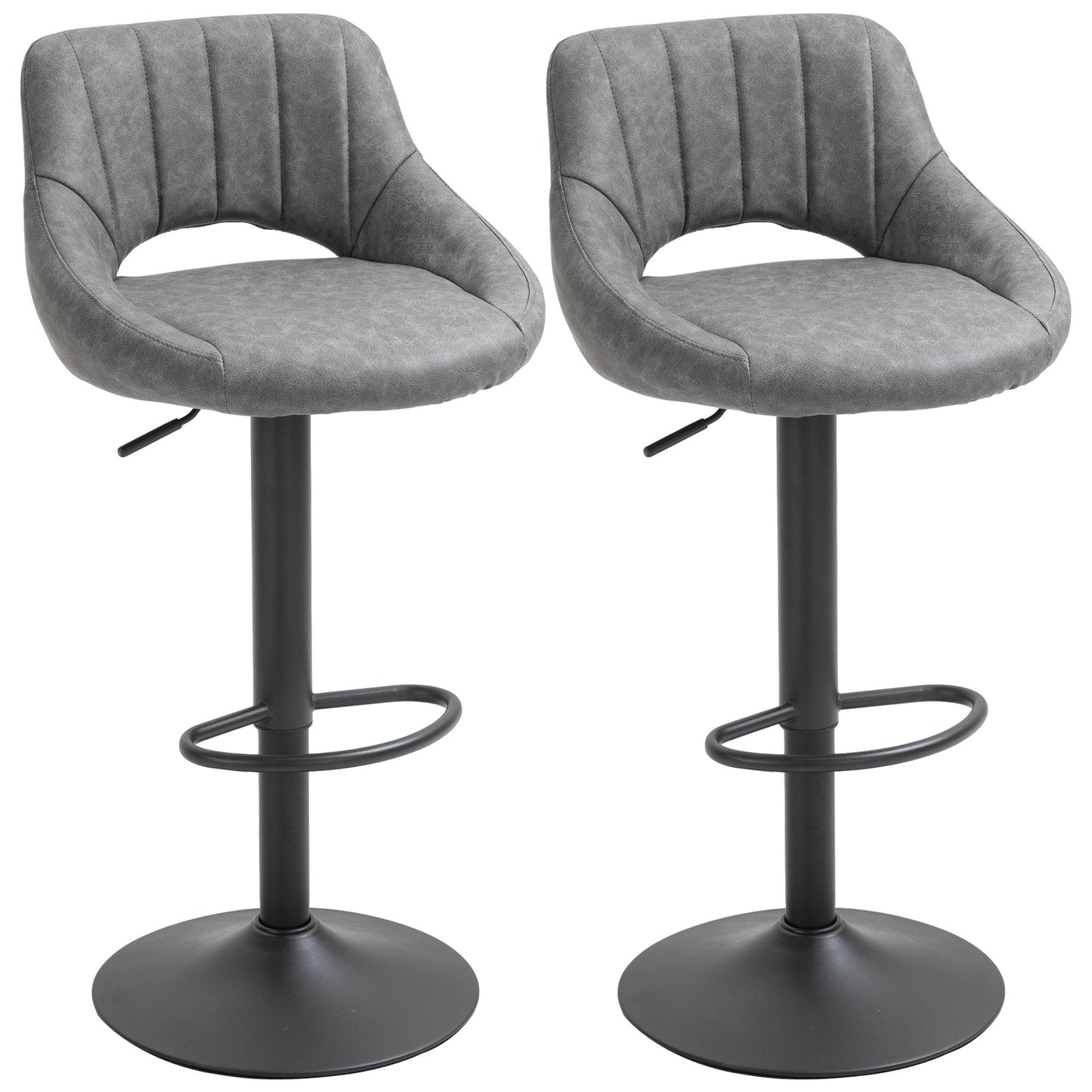 Bar Stools Set of 2, Swivel Counter Height Barstools with Adjustable Height and Cutout Back, Faux Leather Upholstered Bar Chairs with Round Metal Base and Footrest, Grey
