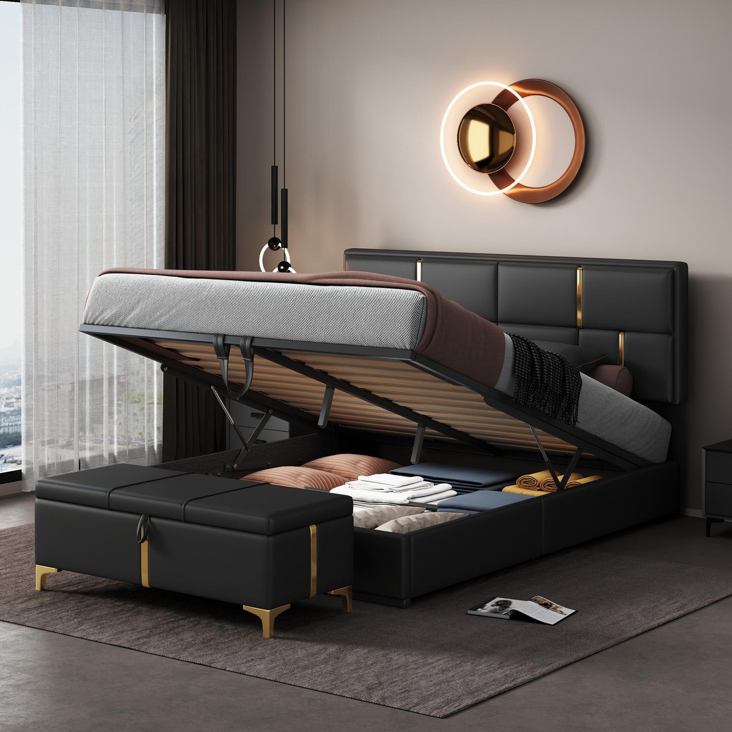 Queen Size Bedroom Set with Storage Ottoman, Upholstered Fabric, Hydraulic Platform Bed for Living Room, 85" L x 64.5" W x 41" H, Black