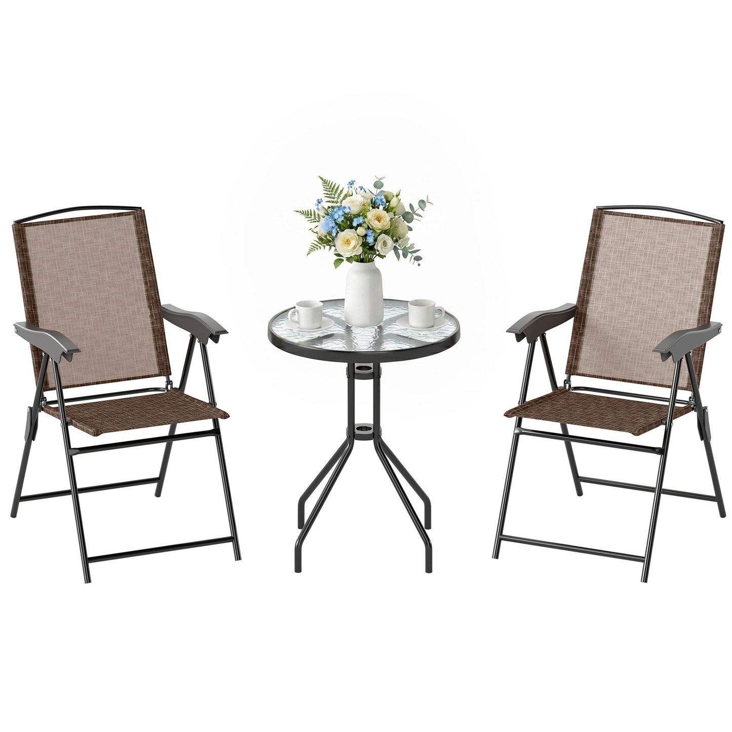 Folding Outdoor Bistro Set, Patio Table and Chairs with Reclining Backrest and Round Dining Table, Brown