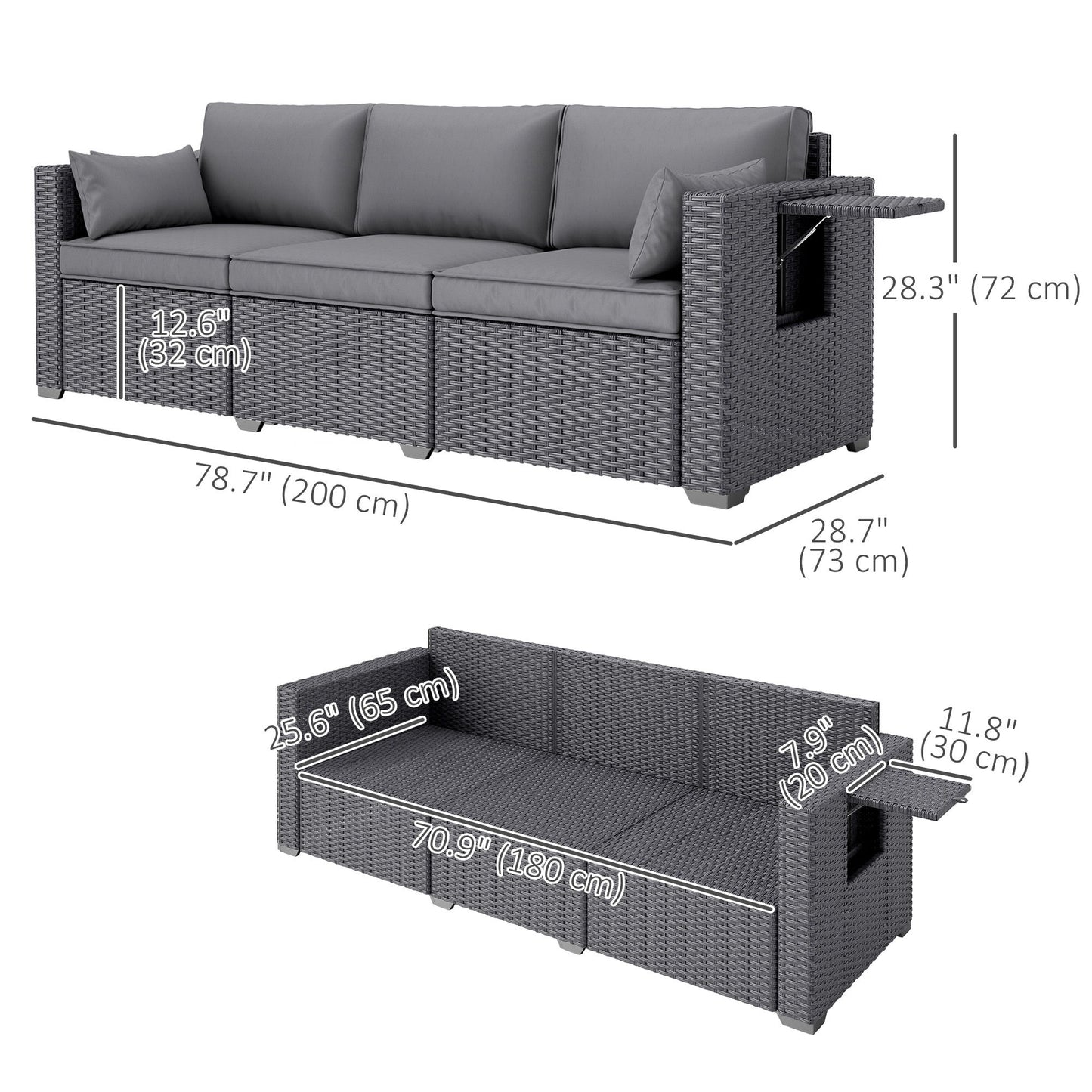 3 Seater Wicker Patio Sofa with Side Trays, Outdoor Couch with 6" Thick Back Cushions, Deep Seating, Grey