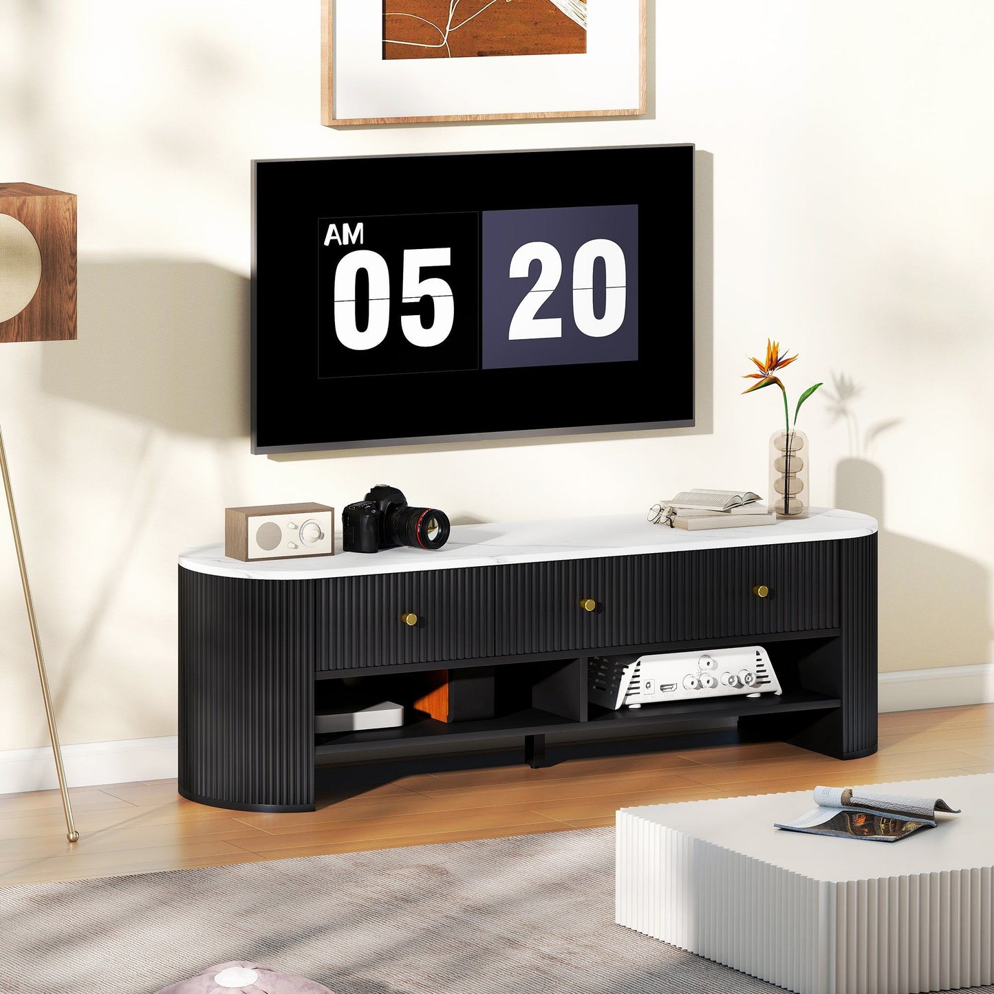 Marble-Effect TV Stand with 3 Drawers, Up to 65" - Black