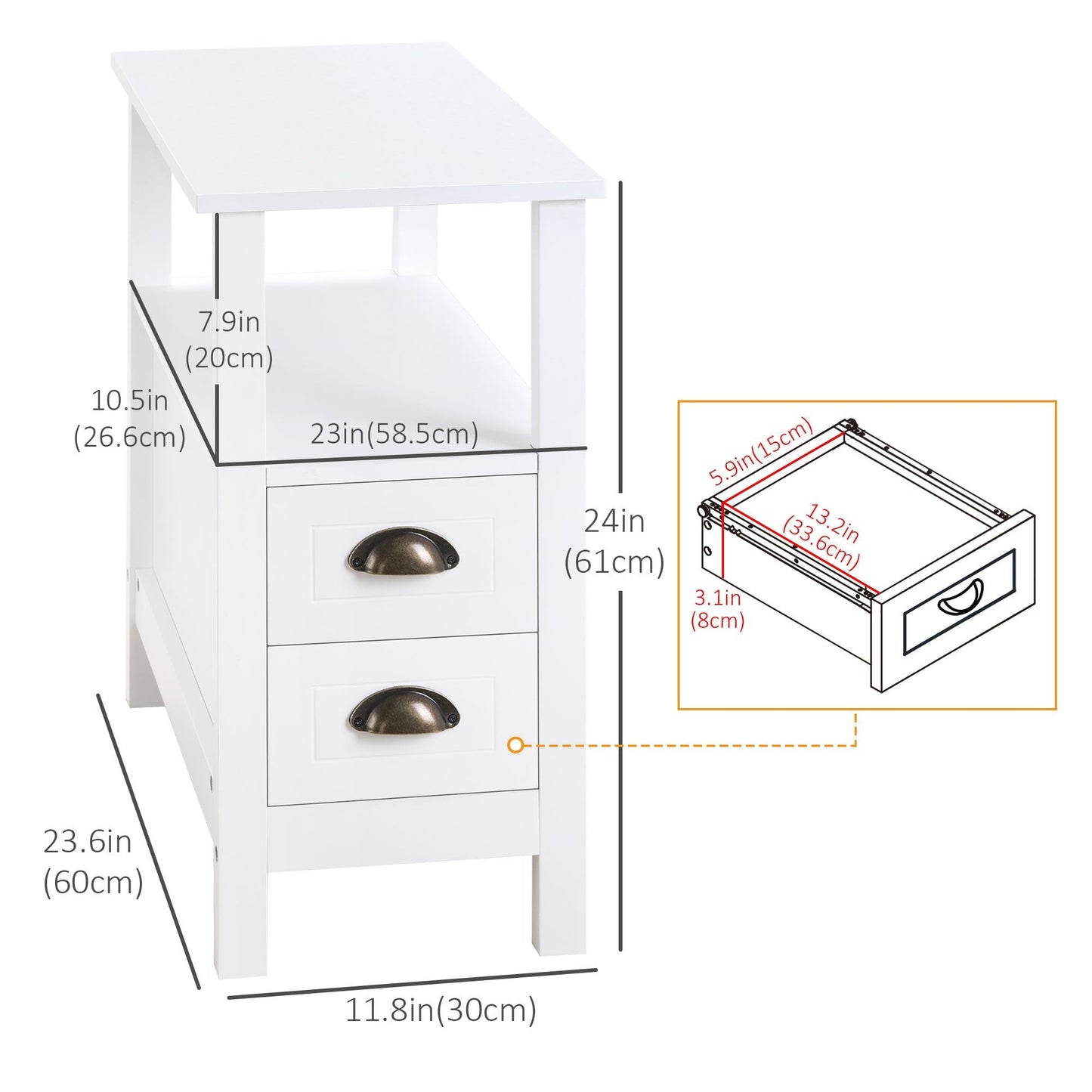 Slim End Table with 2 Drawers and Shelf - White