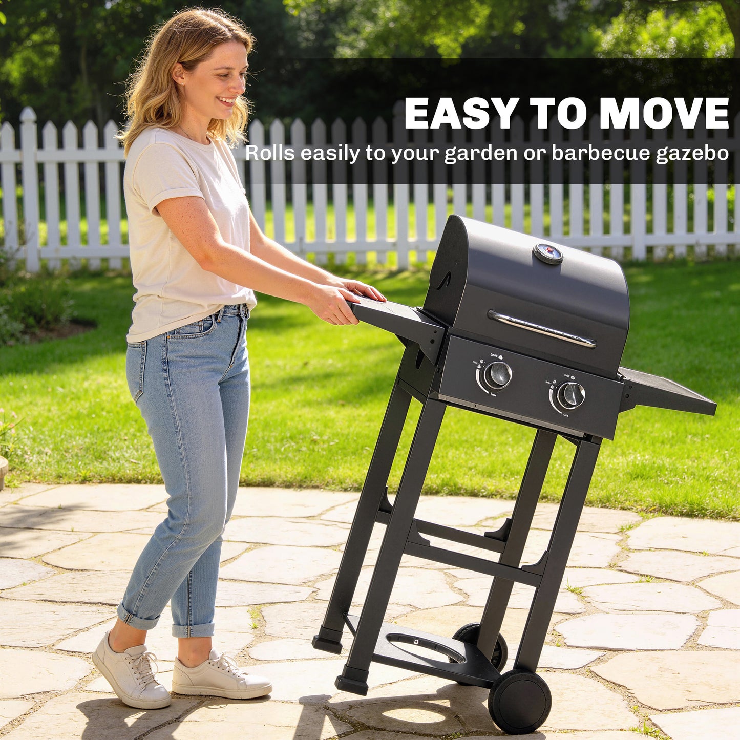 2 Burner Propane Gas Grill with Wheels, 18,400 BTU Portable BBQ Grill with Foldable Side Shelves, Warming Rack, Black