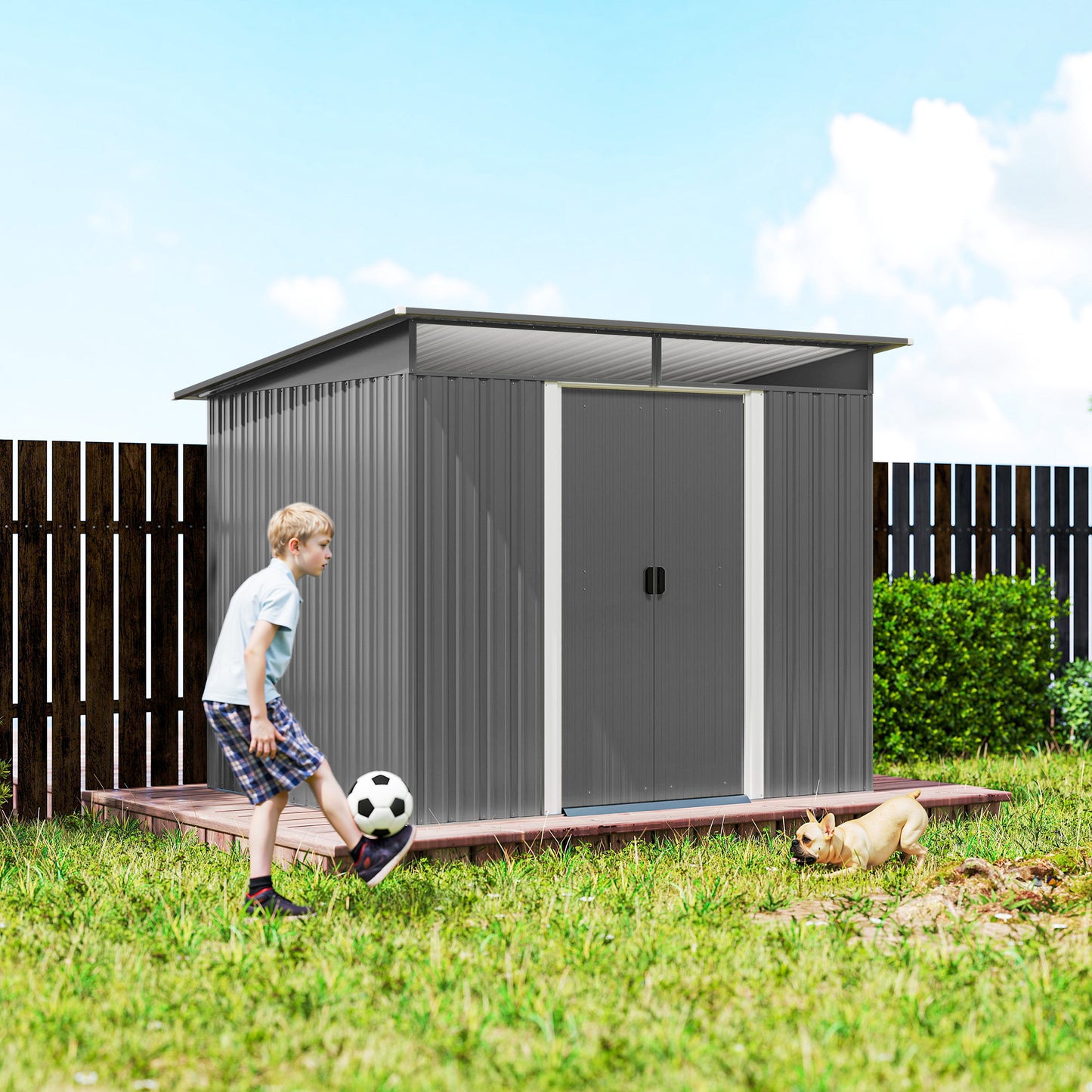 9' x 6.5' Outdoor Metal Garden Shed Utility Tool Storage Steel Backyard Storage House, Light Grey